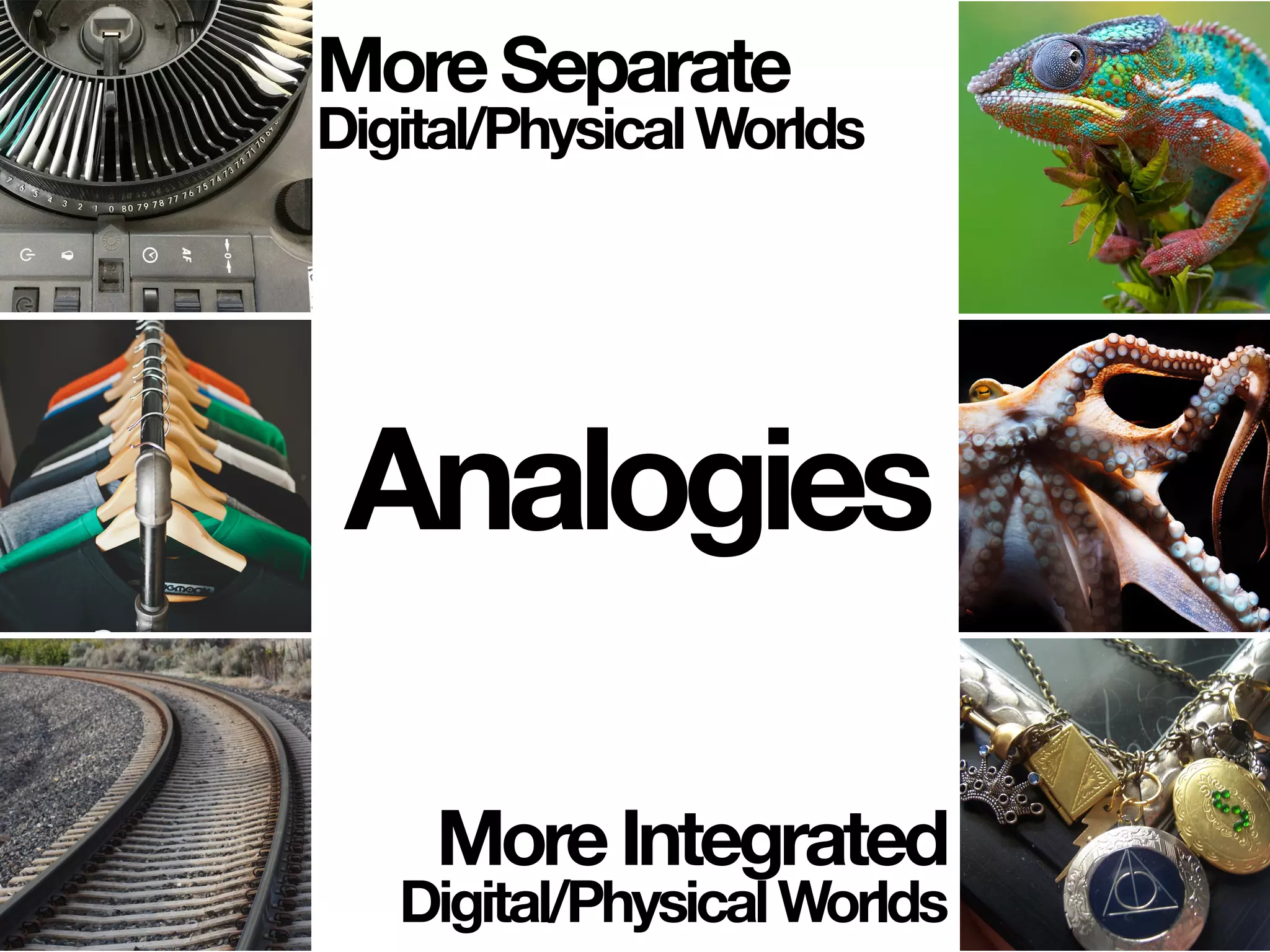 MoreSeparate
Digital/PhysicalWorlds
MoreIntegrated
Digital/PhysicalWorlds
Analogies
 