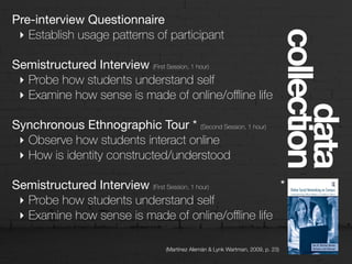 Pre-interview Questionnaire

‣ Establish usage patterns of participant
Semistructured Interview (First Session, 1 hour)
‣ Probe how students understand self
‣ Examine how sense is made of online/oﬄine life
Synchronous Ethnographic Tour * (Second Session, 1 hour)

‣ Observe how students interact online
‣ How is identity constructed/understood
Semistructured Interview (First Session, 1 hour)
‣ Probe how students understand self
‣ Examine how sense is made of online/oﬄine life
data
collection
*
(Martínez Alemán & Lynk Wartman, 2009, p. 23)
 