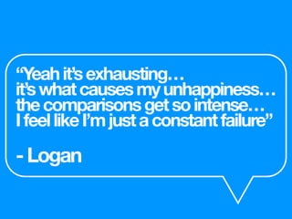 “Yeahit’sexhausting…
it’swhatcausesmyunhappiness…
thecomparisonsgetsointense…
IfeellikeI’mjustaconstantfailure”
-Logan
 
