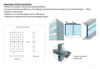 15
Advantages of Structural Glazing
▪ Allows for broader architectural design flexibility
▪ Increases the thermal efficiency of buildings, because the exterior exposure of metal framing is either
reduced or eliminated
▪ Reduces or eliminates water and air infiltration
▪ Reduces the potential for thermal breakage of glass
Typical structural
glazed wall
 