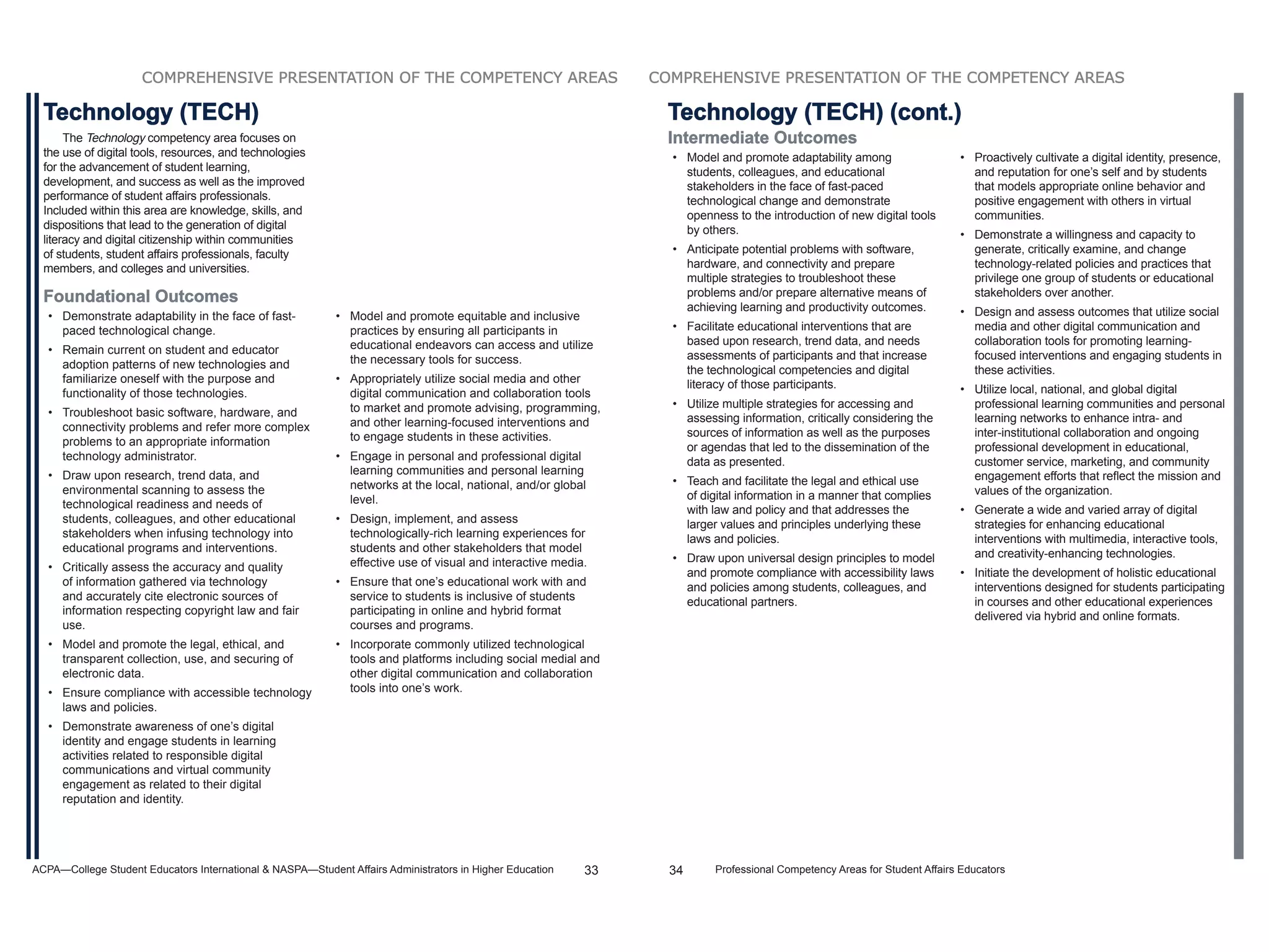 ACPA—College Student Educators International & NASPA—Student Affairs Administrators in Higher Education 33
COMPREHENSIVE PRESENTATION OF THE COMPETENCY AREAS
The Technology competency area focuses on
the use of digital tools, resources, and technologies
for the advancement of student learning,
development, and success as well as the improved
performance of student affairs professionals.
Included within this area are knowledge, skills, and
dispositions that lead to the generation of digital
literacy and digital citizenship within communities
of students, student affairs professionals, faculty
members, and colleges and universities.
• Model and promote equitable and inclusive
practices by ensuring all participants in
educational endeavors can access and utilize
the necessary tools for success.
• Appropriately utilize social media and other
digital communication and collaboration tools
to market and promote advising, programming,
and other learning-focused interventions and
to engage students in these activities.
• Engage in personal and professional digital
learning communities and personal learning
networks at the local, national, and/or global
level.
• Design, implement, and assess
technologically-rich learning experiences for
students and other stakeholders that model
effective use of visual and interactive media.
• Ensure that one’s educational work with and
service to students is inclusive of students
participating in online and hybrid format
courses and programs.
• Incorporate commonly utilized technological
tools and platforms including social medial and
other digital communication and collaboration
tools into one’s work.
Technology (TECH)
Foundational Outcomes
• Demonstrate adaptability in the face of fast-
paced technological change.
• Remain current on student and educator
adoption patterns of new technologies and
familiarize oneself with the purpose and
functionality of those technologies.
• Troubleshoot basic software, hardware, and
connectivity problems and refer more complex
problems to an appropriate information
technology administrator.
• Draw upon research, trend data, and
environmental scanning to assess the
technological readiness and needs of
students, colleagues, and other educational
stakeholders when infusing technology into
educational programs and interventions.
• Critically assess the accuracy and quality
of information gathered via technology
and accurately cite electronic sources of
information respecting copyright law and fair
use.
• Model and promote the legal, ethical, and
transparent collection, use, and securing of
electronic data.
• Ensure compliance with accessible technology
laws and policies.
• Demonstrate awareness of one’s digital
identity and engage students in learning
activities related to responsible digital
communications and virtual community
engagement as related to their digital
reputation and identity.
34 Professional Competency Areas for Student Affairs Educators
COMPREHENSIVE PRESENTATION OF THE COMPETENCY AREAS
• Proactively cultivate a digital identity, presence,
and reputation for one’s self and by students
that models appropriate online behavior and
positive engagement with others in virtual
communities.
• Demonstrate a willingness and capacity to
generate, critically examine, and change
technology-related policies and practices that
privilege one group of students or educational
stakeholders over another.
• Design and assess outcomes that utilize social
media and other digital communication and
collaboration tools for promoting learning-
focused interventions and engaging students in
these activities.
• Utilize local, national, and global digital
professional learning communities and personal
learning networks to enhance intra- and
inter-institutional collaboration and ongoing
professional development in educational,
customer service, marketing, and community
engagement efforts that reflect the mission and
values of the organization.
• Generate a wide and varied array of digital
strategies for enhancing educational
interventions with multimedia, interactive tools,
and creativity-enhancing technologies.
• Initiate the development of holistic educational
interventions designed for students participating
in courses and other educational experiences
delivered via hybrid and online formats.
Intermediate Outcomes
• Model and promote adaptability among
students, colleagues, and educational
stakeholders in the face of fast-paced
technological change and demonstrate
openness to the introduction of new digital tools
by others.
• Anticipate potential problems with software,
hardware, and connectivity and prepare
multiple strategies to troubleshoot these
problems and/or prepare alternative means of
achieving learning and productivity outcomes.
• Facilitate educational interventions that are
based upon research, trend data, and needs
assessments of participants and that increase
the technological competencies and digital
literacy of those participants.
• Utilize multiple strategies for accessing and
assessing information, critically considering the
sources of information as well as the purposes
or agendas that led to the dissemination of the
data as presented.
• Teach and facilitate the legal and ethical use
of digital information in a manner that complies
with law and policy and that addresses the
larger values and principles underlying these
laws and policies.
• Draw upon universal design principles to model
and promote compliance with accessibility laws
and policies among students, colleagues, and
educational partners.
Technology (TECH) (cont.)
 