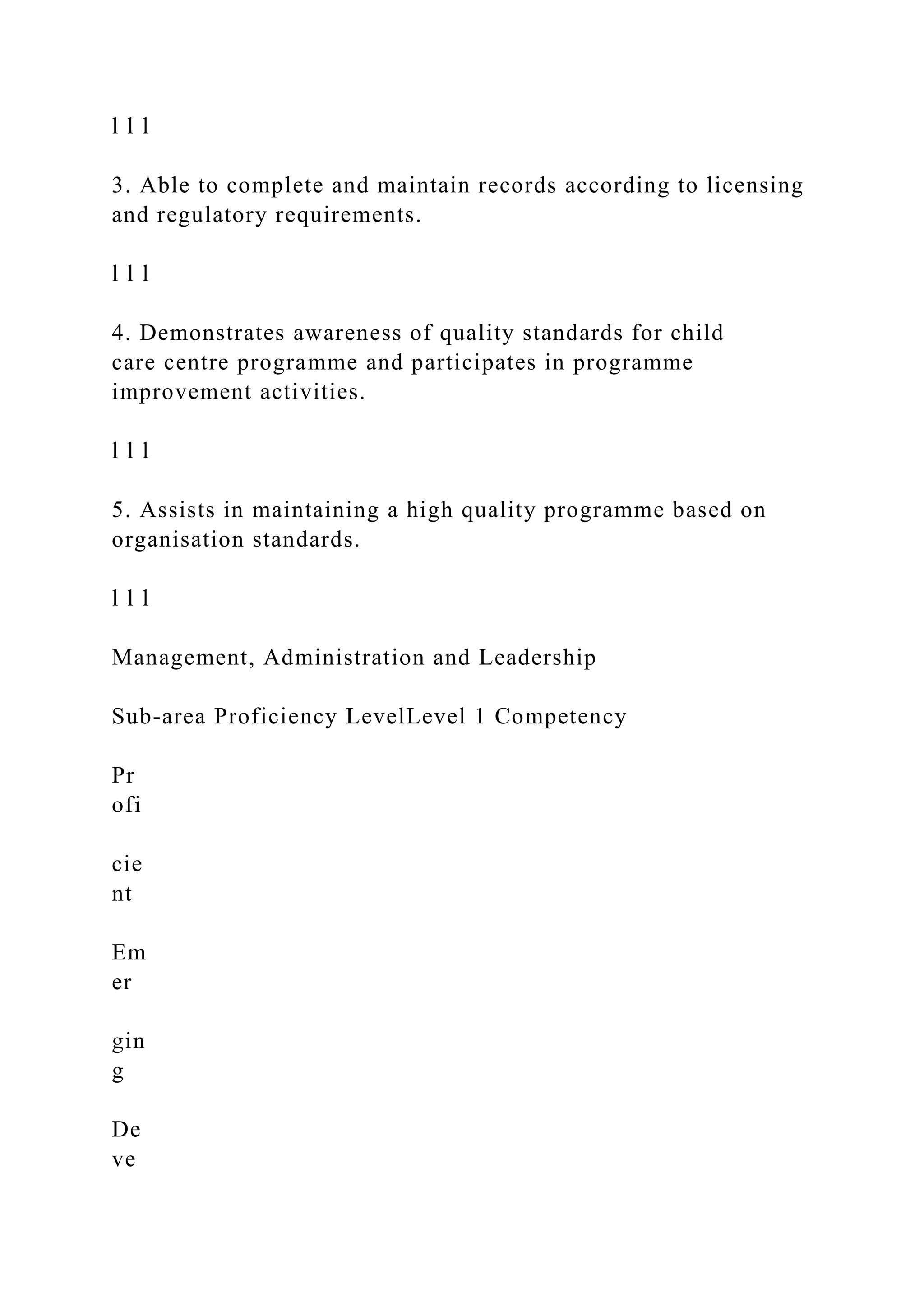 l l l
3. Able to complete and maintain records according to licensing
and regulatory requirements.
l l l
4. Demonstrates awareness of quality standards for child
care centre programme and participates in programme
improvement activities.
l l l
5. Assists in maintaining a high quality programme based on
organisation standards.
l l l
Management, Administration and Leadership
Sub-area Proficiency LevelLevel 1 Competency
Pr
ofi
cie
nt
Em
er
gin
g
De
ve
 