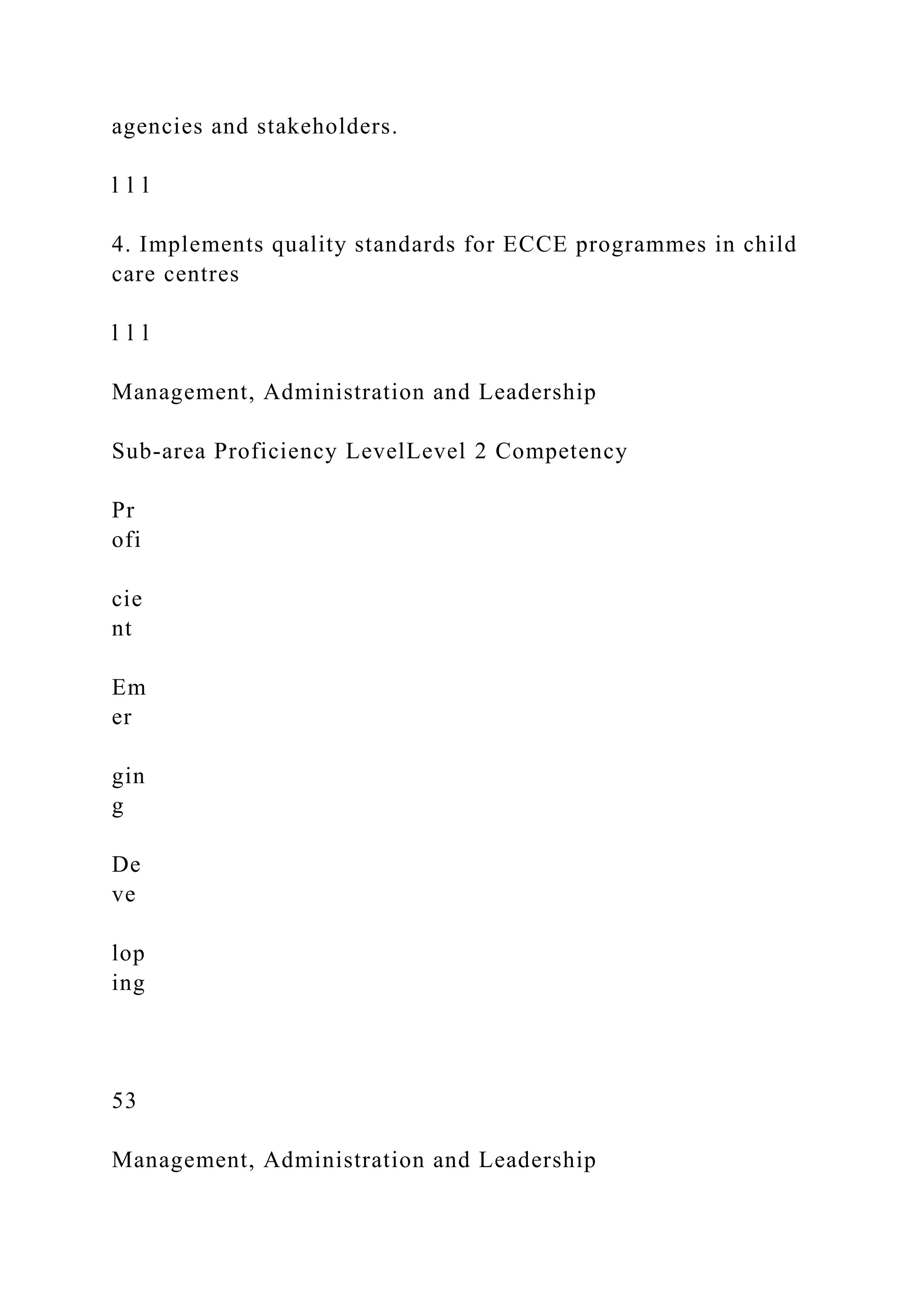 agencies and stakeholders.
l l l
4. Implements quality standards for ECCE programmes in child
care centres
l l l
Management, Administration and Leadership
Sub-area Proficiency LevelLevel 2 Competency
Pr
ofi
cie
nt
Em
er
gin
g
De
ve
lop
ing
53
Management, Administration and Leadership
 