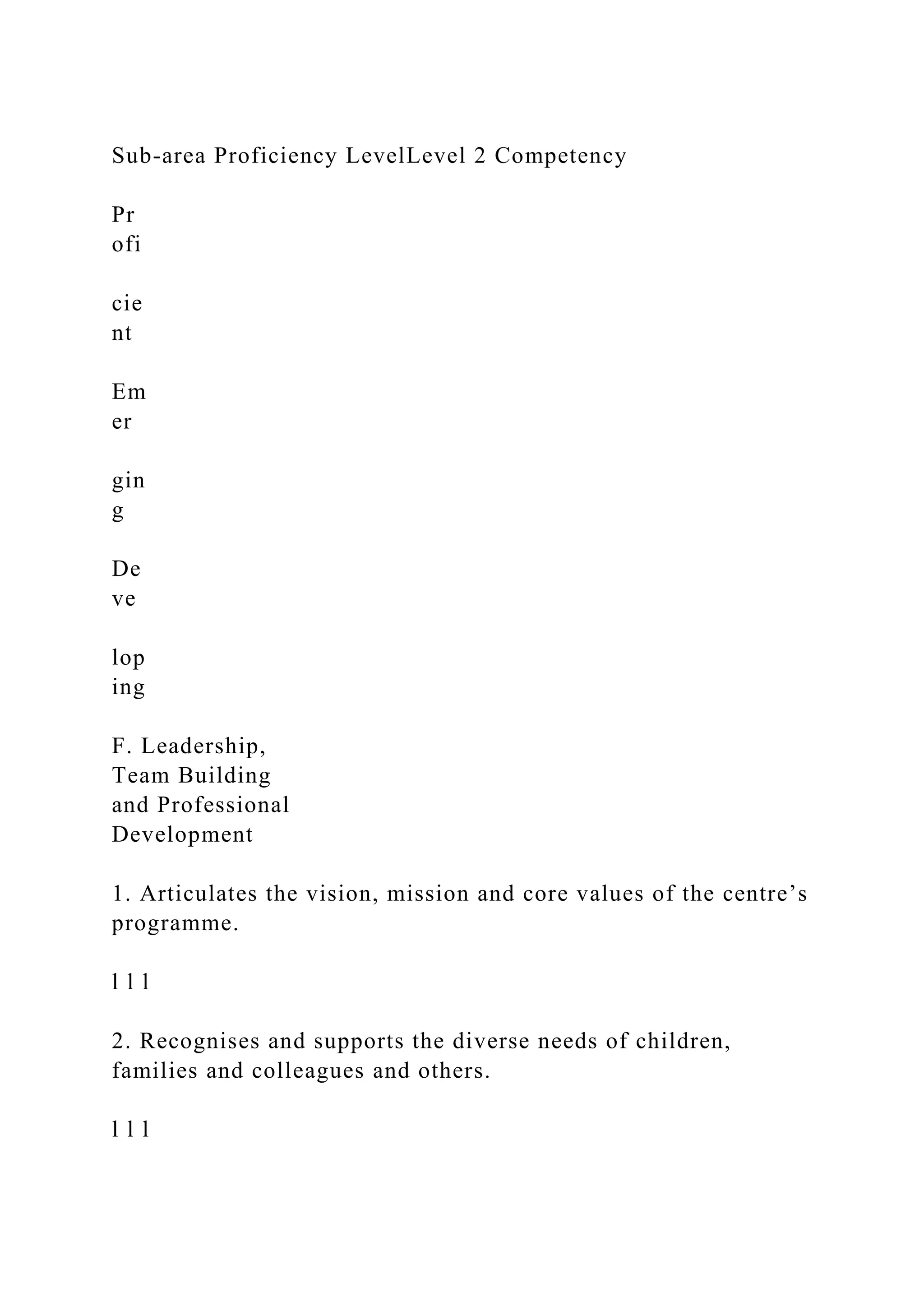 Sub-area Proficiency LevelLevel 2 Competency
Pr
ofi
cie
nt
Em
er
gin
g
De
ve
lop
ing
F. Leadership,
Team Building
and Professional
Development
1. Articulates the vision, mission and core values of the centre’s
programme.
l l l
2. Recognises and supports the diverse needs of children,
families and colleagues and others.
l l l
 
