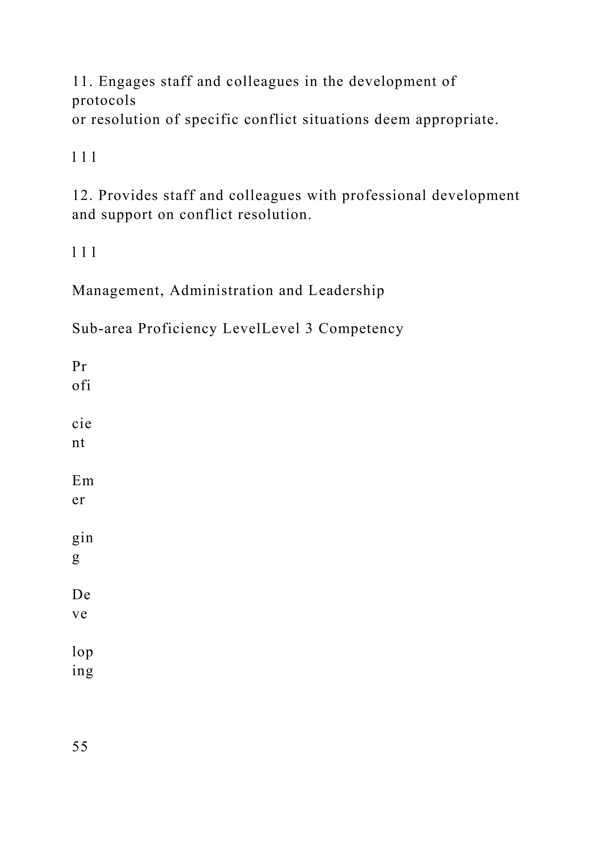 11. Engages staff and colleagues in the development of
protocols
or resolution of specific conflict situations deem appropriate.
l l l
12. Provides staff and colleagues with professional development
and support on conflict resolution.
l l l
Management, Administration and Leadership
Sub-area Proficiency LevelLevel 3 Competency
Pr
ofi
cie
nt
Em
er
gin
g
De
ve
lop
ing
55
 