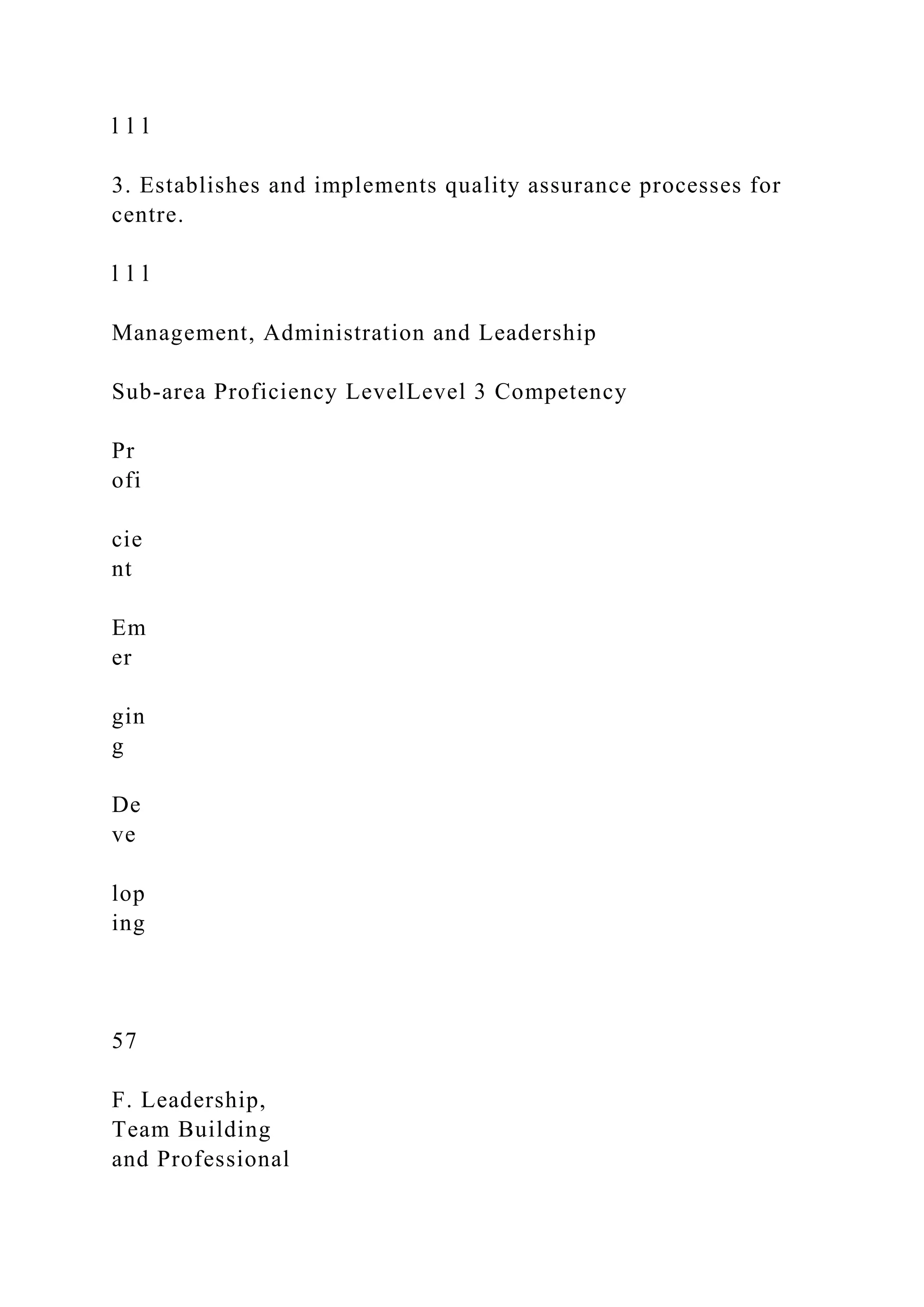 l l l
3. Establishes and implements quality assurance processes for
centre.
l l l
Management, Administration and Leadership
Sub-area Proficiency LevelLevel 3 Competency
Pr
ofi
cie
nt
Em
er
gin
g
De
ve
lop
ing
57
F. Leadership,
Team Building
and Professional
 