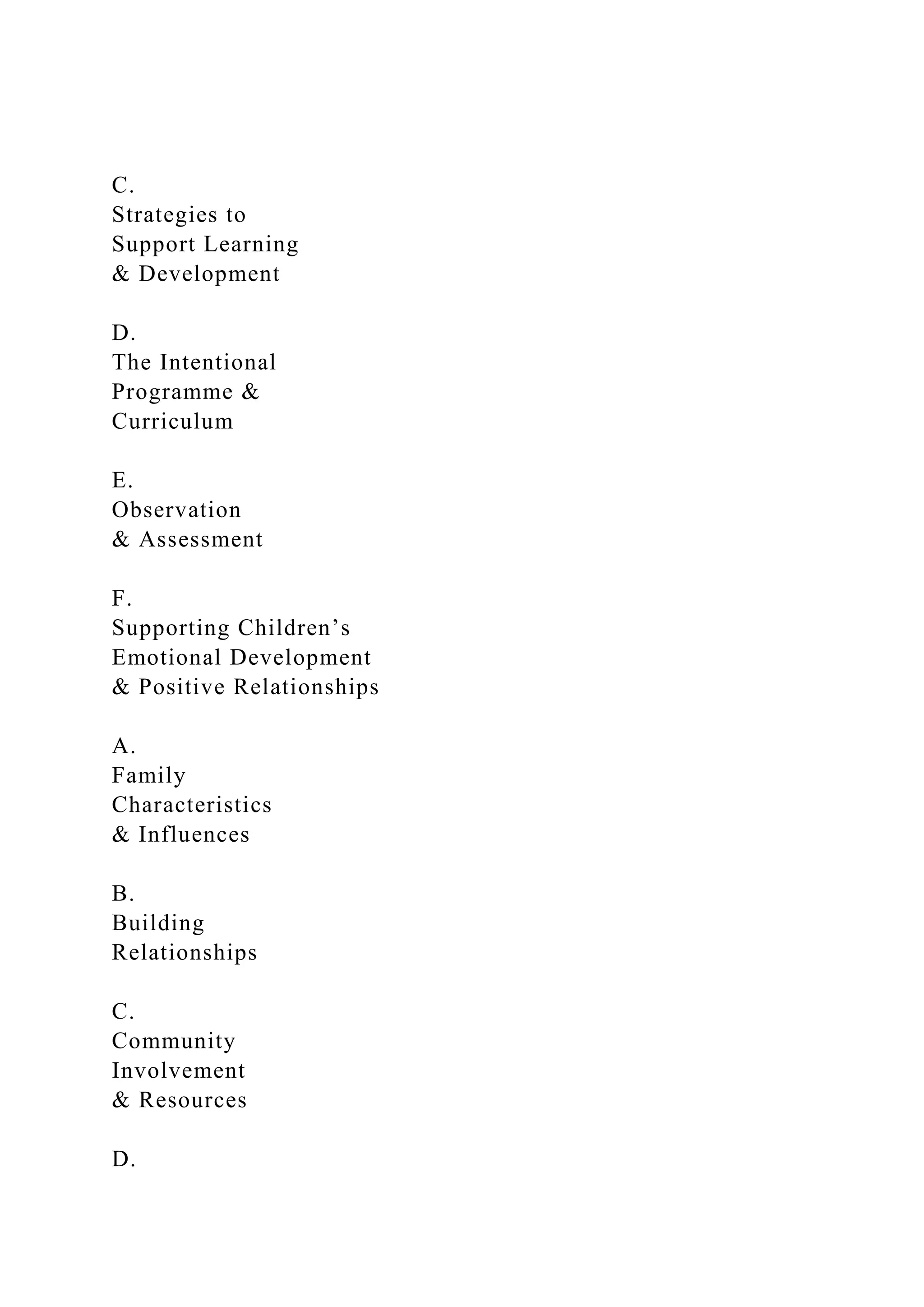 C.
Strategies to
Support Learning
& Development
D.
The Intentional
Programme &
Curriculum
E.
Observation
& Assessment
F.
Supporting Children’s
Emotional Development
& Positive Relationships
A.
Family
Characteristics
& Influences
B.
Building
Relationships
C.
Community
Involvement
& Resources
D.
 