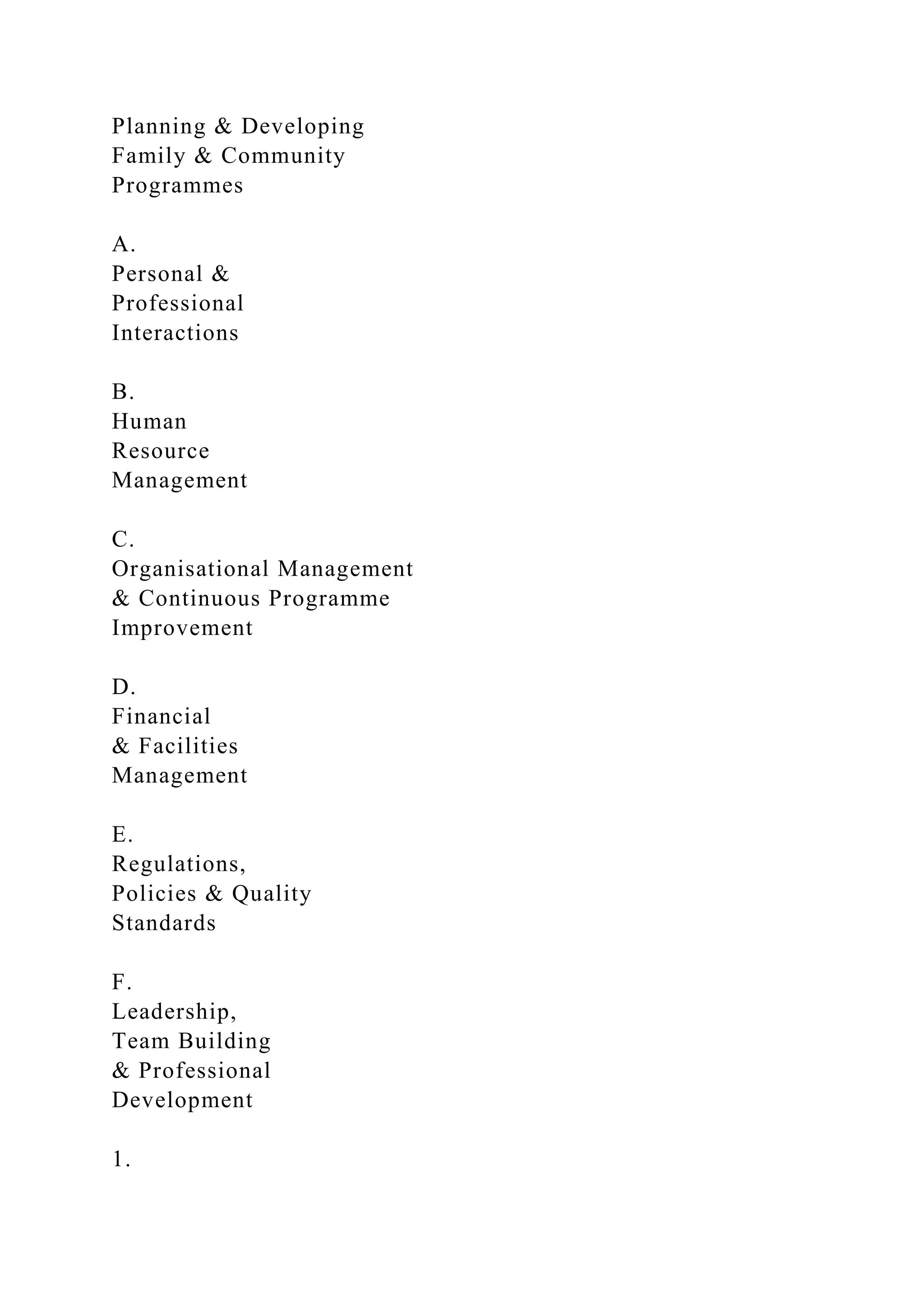 Planning & Developing
Family & Community
Programmes
A.
Personal &
Professional
Interactions
B.
Human
Resource
Management
C.
Organisational Management
& Continuous Programme
Improvement
D.
Financial
& Facilities
Management
E.
Regulations,
Policies & Quality
Standards
F.
Leadership,
Team Building
& Professional
Development
1.
 