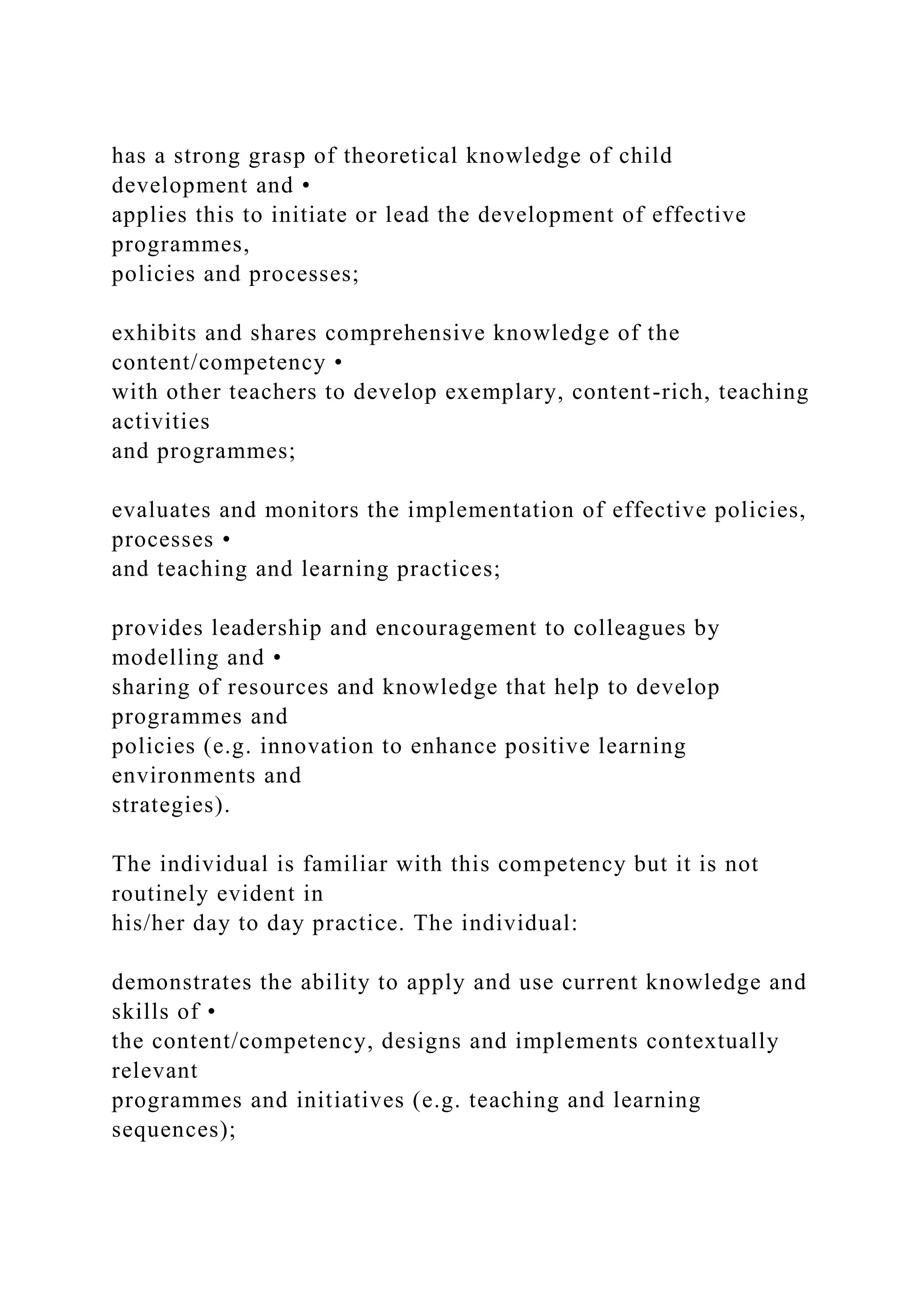 has a strong grasp of theoretical knowledge of child
development and •
applies this to initiate or lead the development of effective
programmes,
policies and processes;
exhibits and shares comprehensive knowledge of the
content/competency •
with other teachers to develop exemplary, content-rich, teaching
activities
and programmes;
evaluates and monitors the implementation of effective policies,
processes •
and teaching and learning practices;
provides leadership and encouragement to colleagues by
modelling and •
sharing of resources and knowledge that help to develop
programmes and
policies (e.g. innovation to enhance positive learning
environments and
strategies).
The individual is familiar with this competency but it is not
routinely evident in
his/her day to day practice. The individual:
demonstrates the ability to apply and use current knowledge and
skills of •
the content/competency, designs and implements contextually
relevant
programmes and initiatives (e.g. teaching and learning
sequences);
 