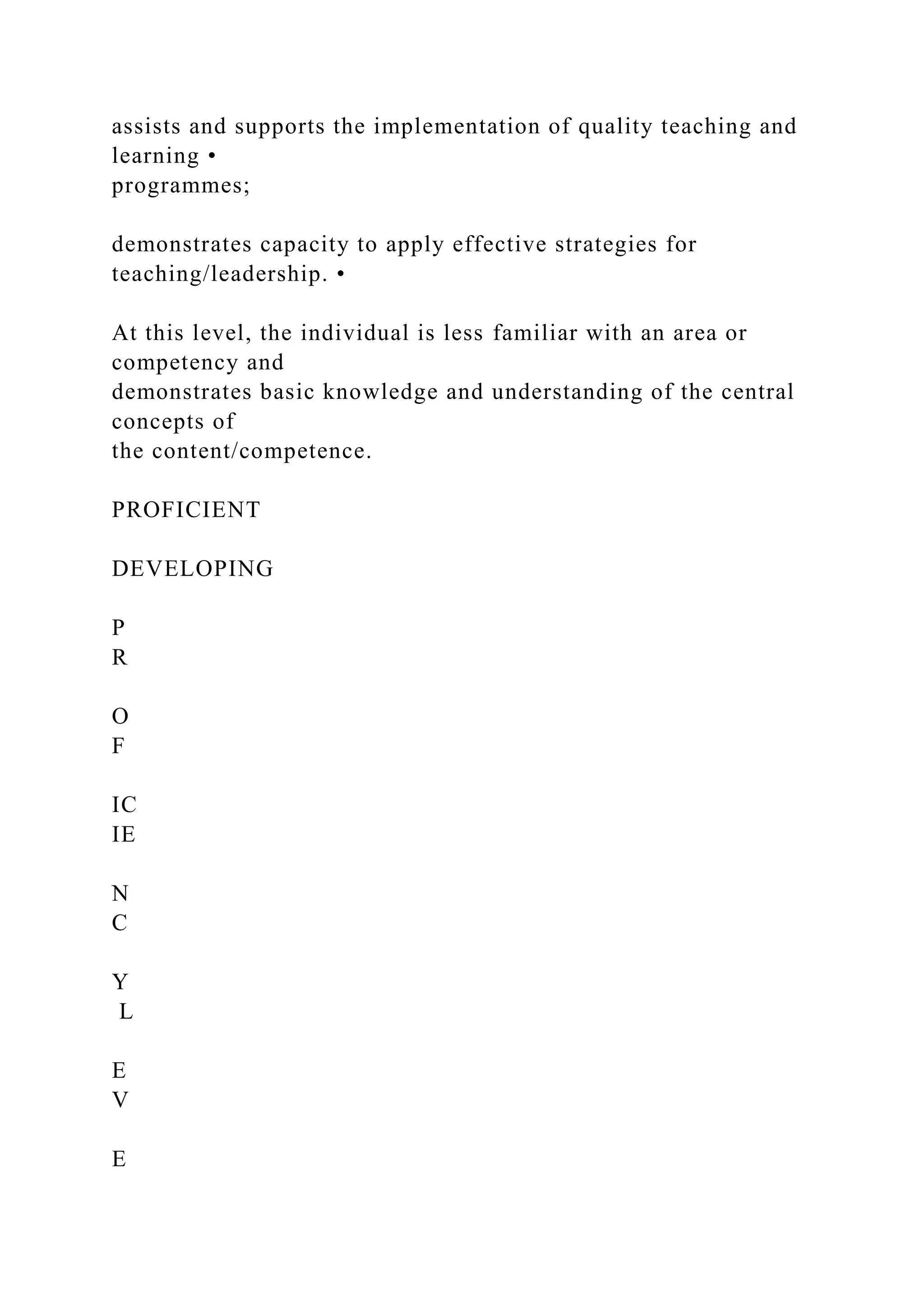 assists and supports the implementation of quality teaching and
learning •
programmes;
demonstrates capacity to apply effective strategies for
teaching/leadership. •
At this level, the individual is less familiar with an area or
competency and
demonstrates basic knowledge and understanding of the central
concepts of
the content/competence.
PROFICIENT
DEVELOPING
P
R
O
F
IC
IE
N
C
Y
L
E
V
E
 