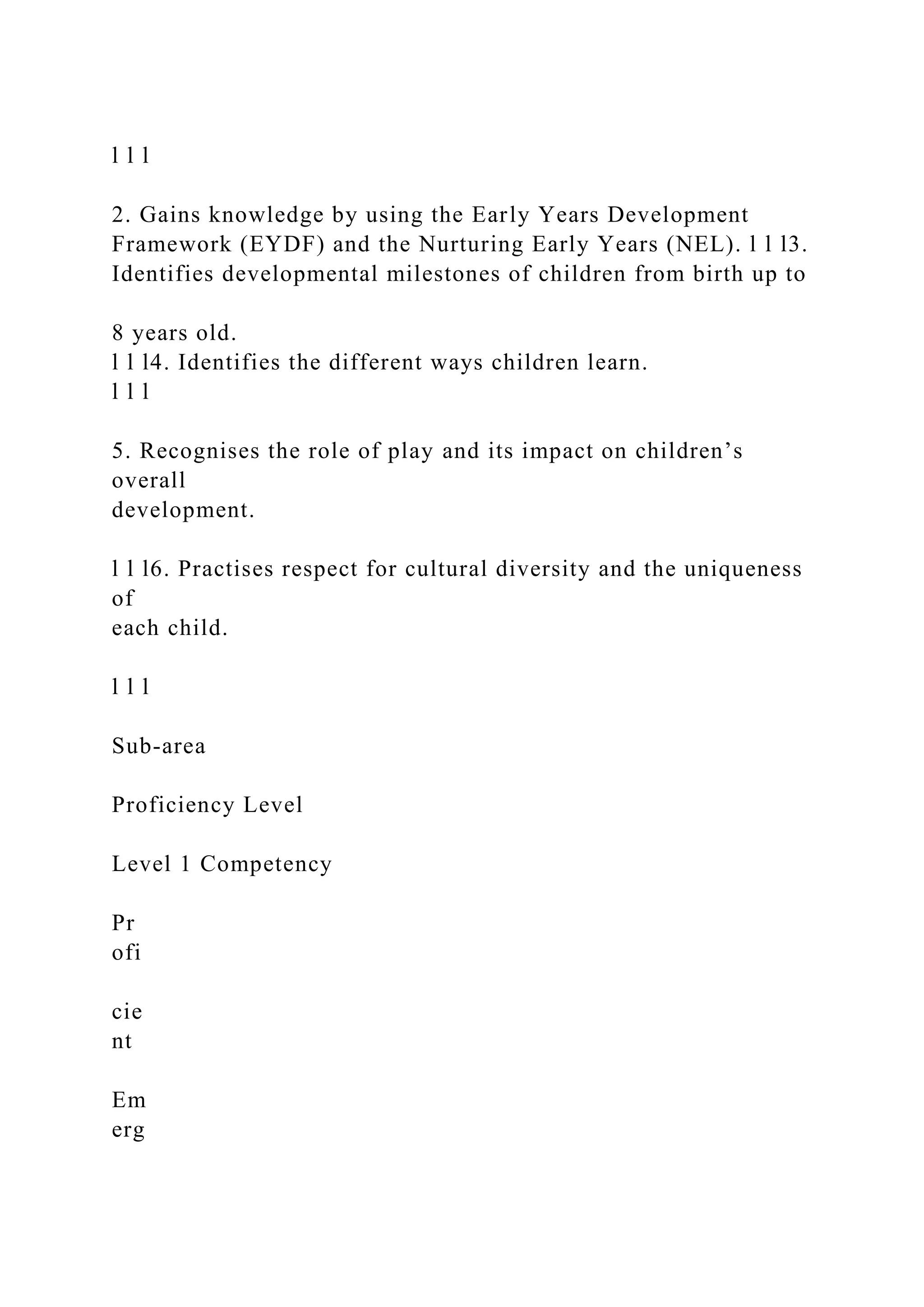 l l l
2. Gains knowledge by using the Early Years Development
Framework (EYDF) and the Nurturing Early Years (NEL). l l l3.
Identifies developmental milestones of children from birth up to
8 years old.
l l l4. Identifies the different ways children learn.
l l l
5. Recognises the role of play and its impact on children’s
overall
development.
l l l6. Practises respect for cultural diversity and the uniqueness
of
each child.
l l l
Sub-area
Proficiency Level
Level 1 Competency
Pr
ofi
cie
nt
Em
erg
 