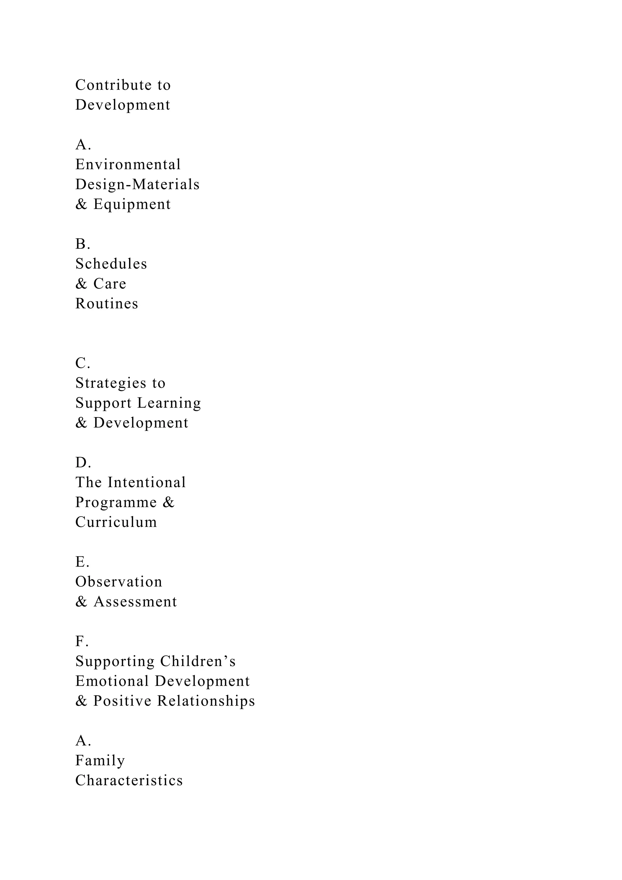 Contribute to
Development
A.
Environmental
Design-Materials
& Equipment
B.
Schedules
& Care
Routines
C.
Strategies to
Support Learning
& Development
D.
The Intentional
Programme &
Curriculum
E.
Observation
& Assessment
F.
Supporting Children’s
Emotional Development
& Positive Relationships
A.
Family
Characteristics
 