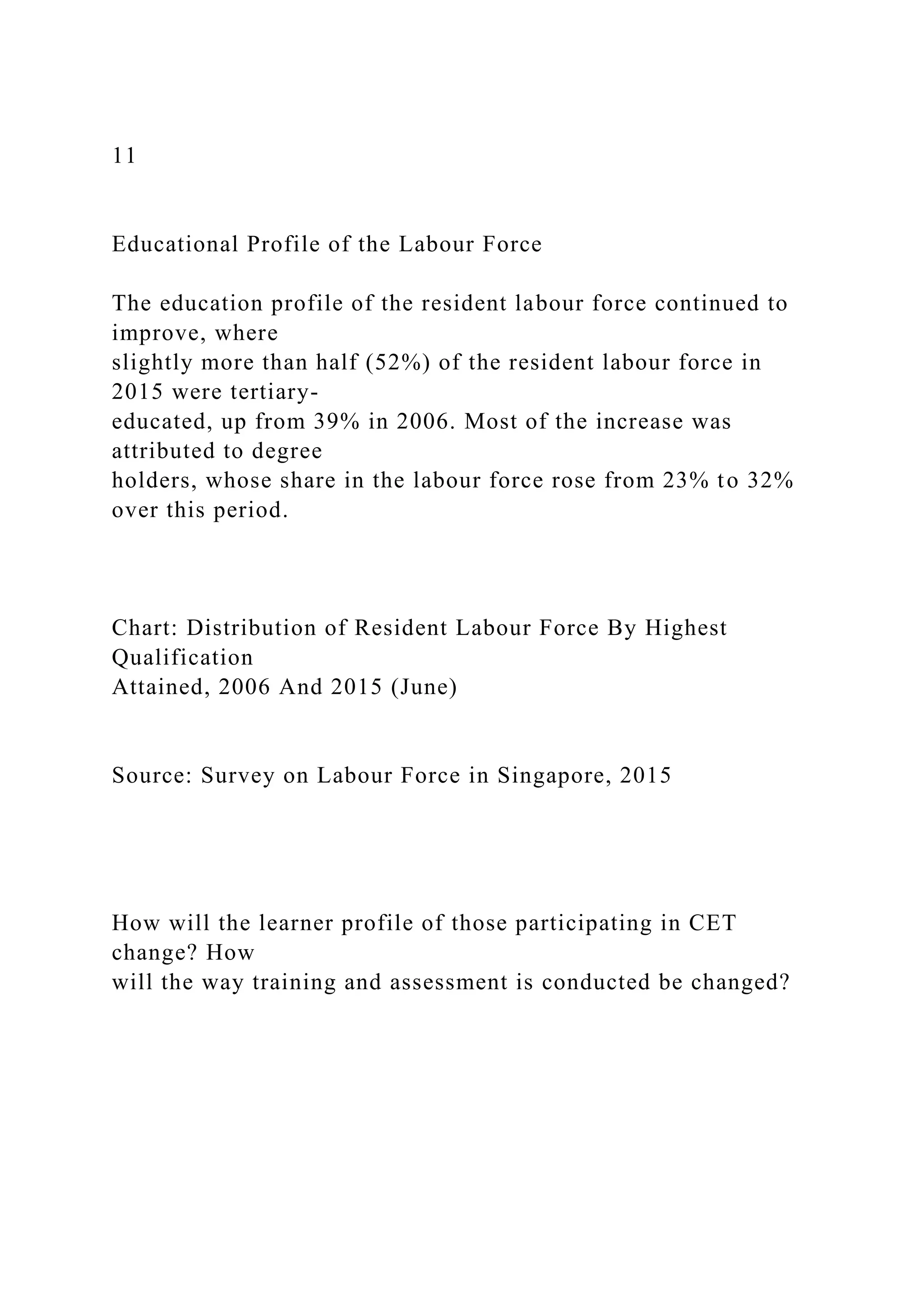 11
Educational Profile of the Labour Force
The education profile of the resident labour force continued to
improve, where
slightly more than half (52%) of the resident labour force in
2015 were tertiary-
educated, up from 39% in 2006. Most of the increase was
attributed to degree
holders, whose share in the labour force rose from 23% to 32%
over this period.
Chart: Distribution of Resident Labour Force By Highest
Qualification
Attained, 2006 And 2015 (June)
Source: Survey on Labour Force in Singapore, 2015
How will the learner profile of those participating in CET
change? How
will the way training and assessment is conducted be changed?
 