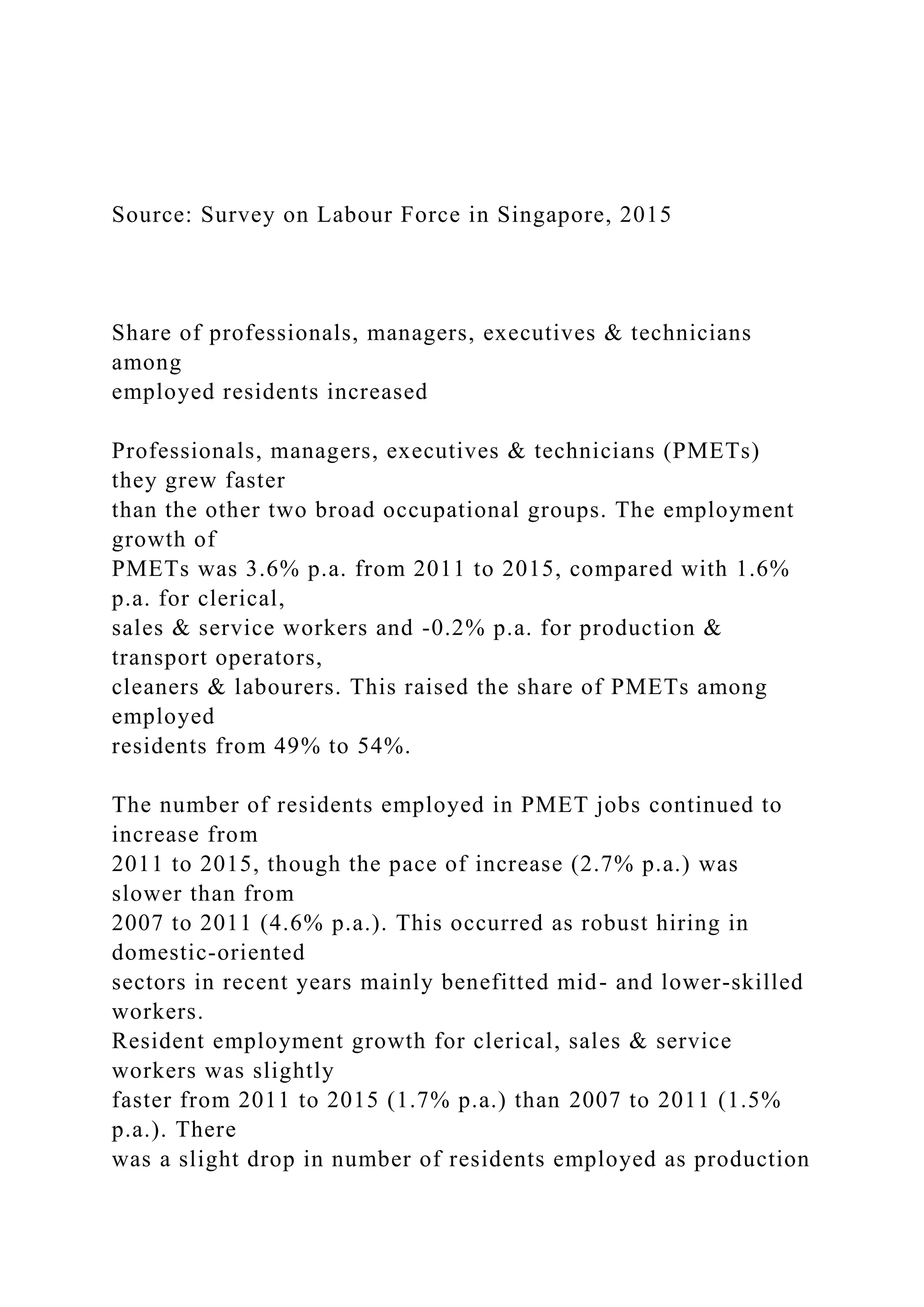 Source: Survey on Labour Force in Singapore, 2015
Share of professionals, managers, executives & technicians
among
employed residents increased
Professionals, managers, executives & technicians (PMETs)
they grew faster
than the other two broad occupational groups. The employment
growth of
PMETs was 3.6% p.a. from 2011 to 2015, compared with 1.6%
p.a. for clerical,
sales & service workers and -0.2% p.a. for production &
transport operators,
cleaners & labourers. This raised the share of PMETs among
employed
residents from 49% to 54%.
The number of residents employed in PMET jobs continued to
increase from
2011 to 2015, though the pace of increase (2.7% p.a.) was
slower than from
2007 to 2011 (4.6% p.a.). This occurred as robust hiring in
domestic-oriented
sectors in recent years mainly benefitted mid- and lower-skilled
workers.
Resident employment growth for clerical, sales & service
workers was slightly
faster from 2011 to 2015 (1.7% p.a.) than 2007 to 2011 (1.5%
p.a.). There
was a slight drop in number of residents employed as production
 