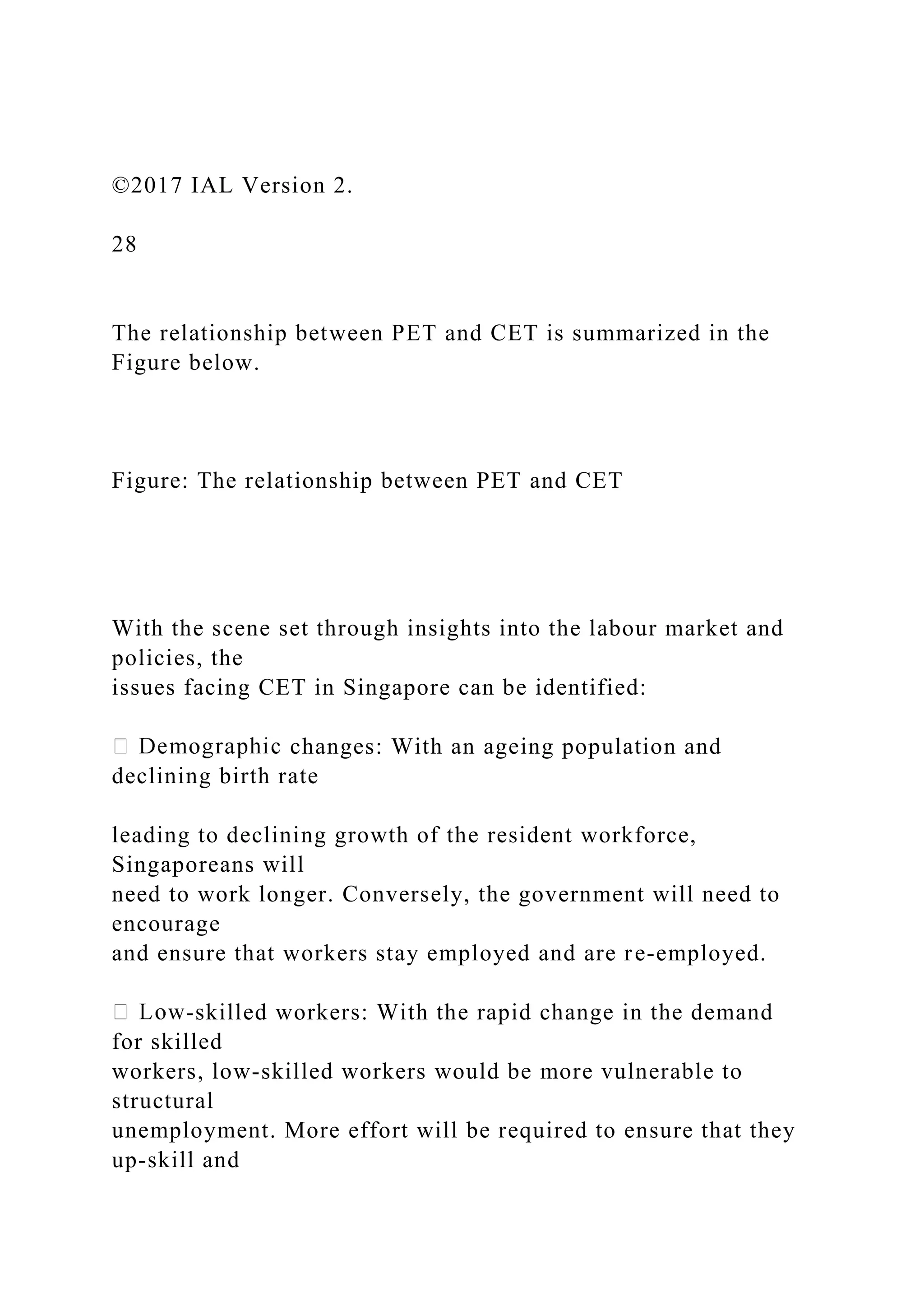 ©2017 IAL Version 2.
28
The relationship between PET and CET is summarized in the
Figure below.
Figure: The relationship between PET and CET
With the scene set through insights into the labour market and
policies, the
issues facing CET in Singapore can be identified:
changes: With an ageing population and
declining birth rate
leading to declining growth of the resident workforce,
Singaporeans will
need to work longer. Conversely, the government will need to
encourage
and ensure that workers stay employed and are re-employed.
-skilled workers: With the rapid change in the demand
for skilled
workers, low-skilled workers would be more vulnerable to
structural
unemployment. More effort will be required to ensure that they
up-skill and
 