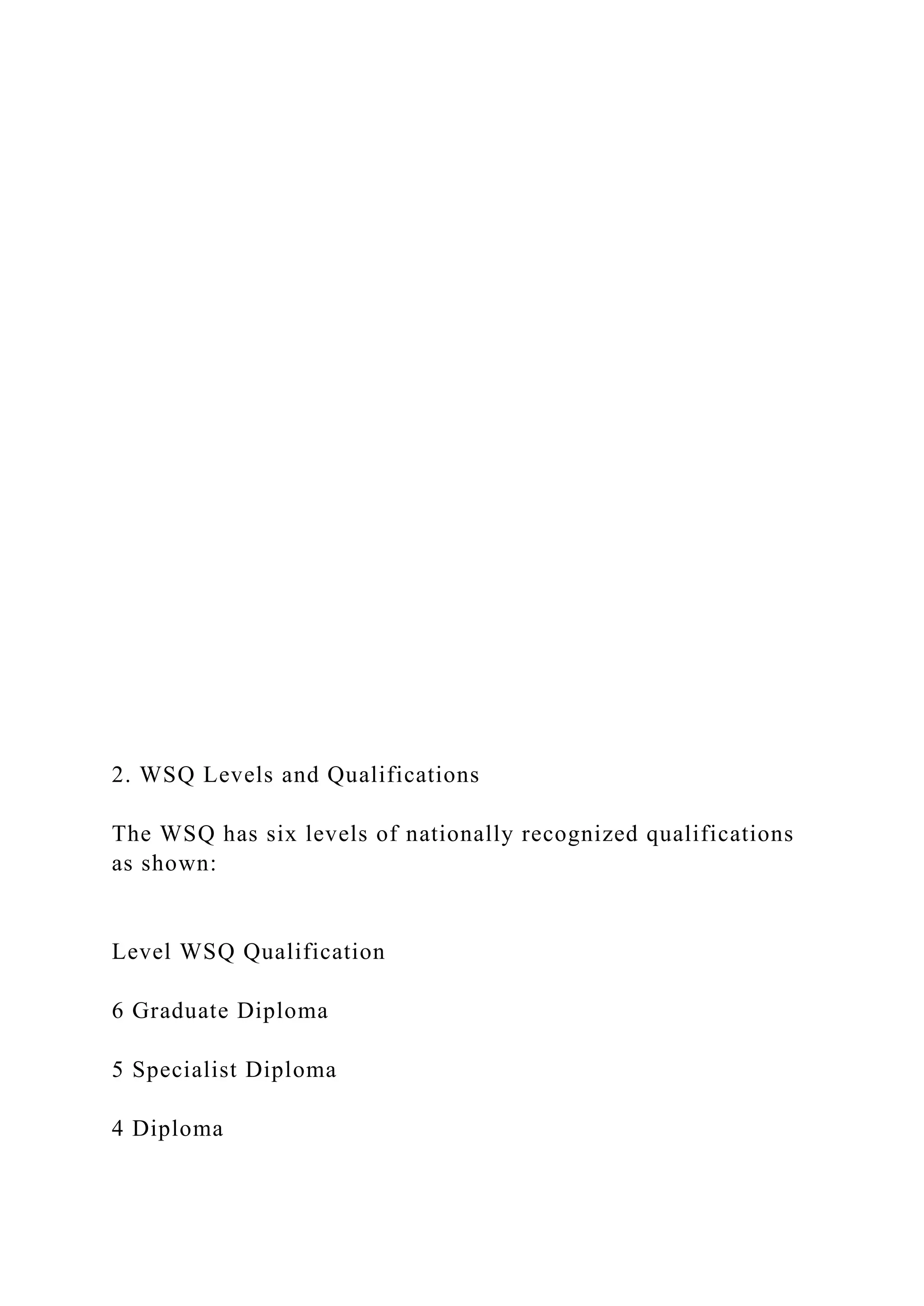 2. WSQ Levels and Qualifications
The WSQ has six levels of nationally recognized qualifications
as shown:
Level WSQ Qualification
6 Graduate Diploma
5 Specialist Diploma
4 Diploma
 