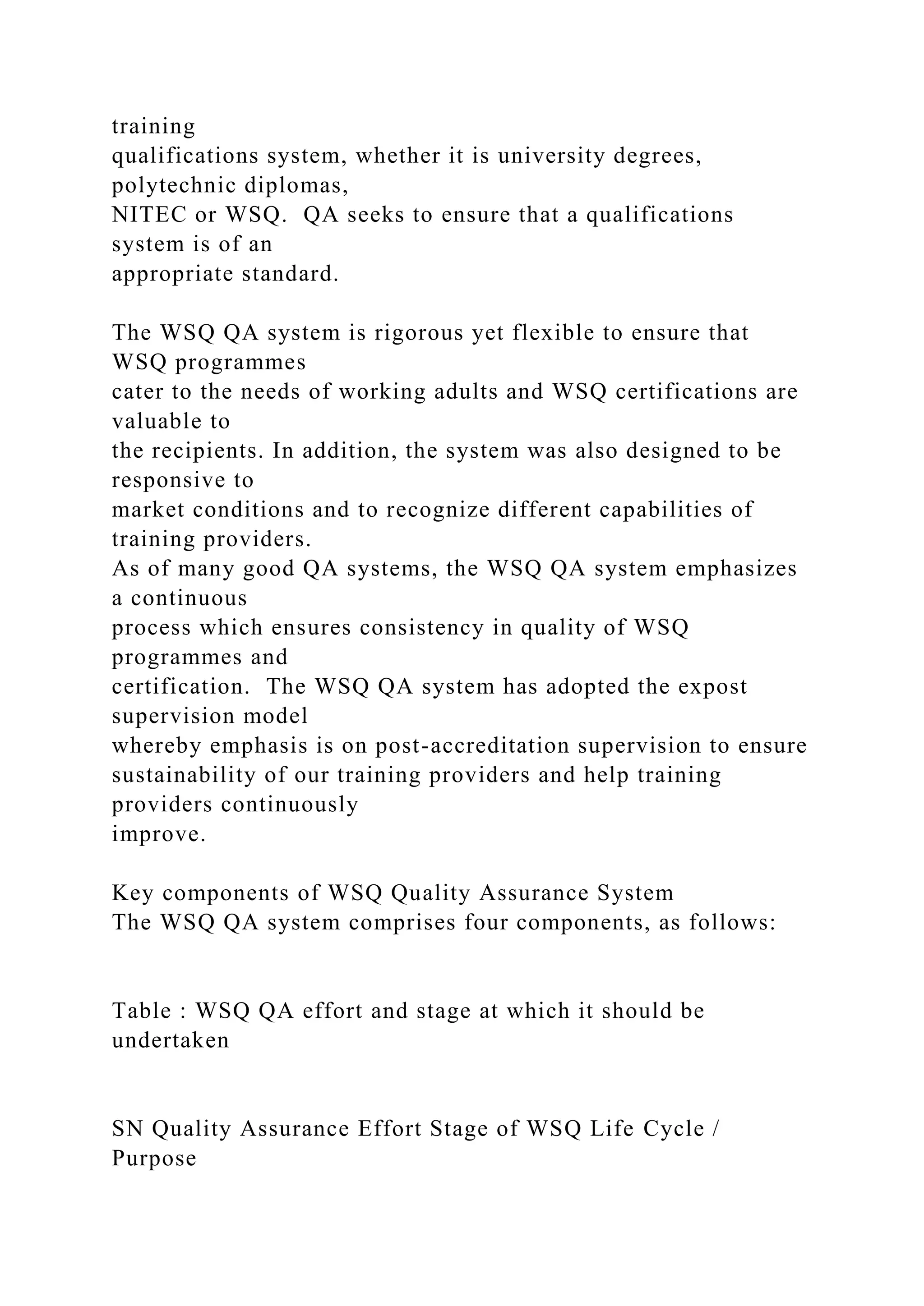 training
qualifications system, whether it is university degrees,
polytechnic diplomas,
NITEC or WSQ. QA seeks to ensure that a qualifications
system is of an
appropriate standard.
The WSQ QA system is rigorous yet flexible to ensure that
WSQ programmes
cater to the needs of working adults and WSQ certifications are
valuable to
the recipients. In addition, the system was also designed to be
responsive to
market conditions and to recognize different capabilities of
training providers.
As of many good QA systems, the WSQ QA system emphasizes
a continuous
process which ensures consistency in quality of WSQ
programmes and
certification. The WSQ QA system has adopted the expost
supervision model
whereby emphasis is on post-accreditation supervision to ensure
sustainability of our training providers and help training
providers continuously
improve.
Key components of WSQ Quality Assurance System
The WSQ QA system comprises four components, as follows:
Table : WSQ QA effort and stage at which it should be
undertaken
SN Quality Assurance Effort Stage of WSQ Life Cycle /
Purpose
 