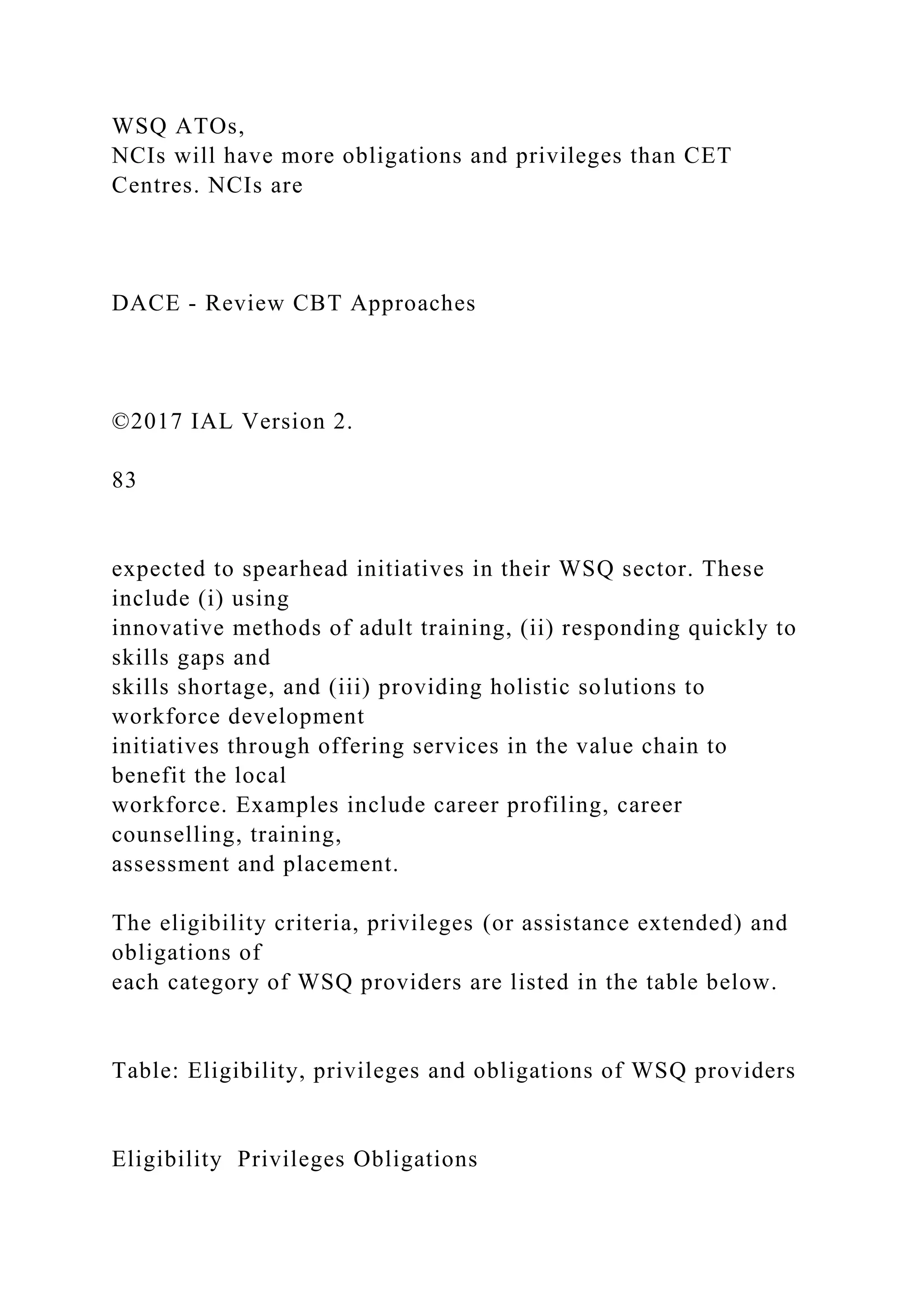 WSQ ATOs,
NCIs will have more obligations and privileges than CET
Centres. NCIs are
DACE - Review CBT Approaches
©2017 IAL Version 2.
83
expected to spearhead initiatives in their WSQ sector. These
include (i) using
innovative methods of adult training, (ii) responding quickly to
skills gaps and
skills shortage, and (iii) providing holistic solutions to
workforce development
initiatives through offering services in the value chain to
benefit the local
workforce. Examples include career profiling, career
counselling, training,
assessment and placement.
The eligibility criteria, privileges (or assistance extended) and
obligations of
each category of WSQ providers are listed in the table below.
Table: Eligibility, privileges and obligations of WSQ providers
Eligibility Privileges Obligations
 