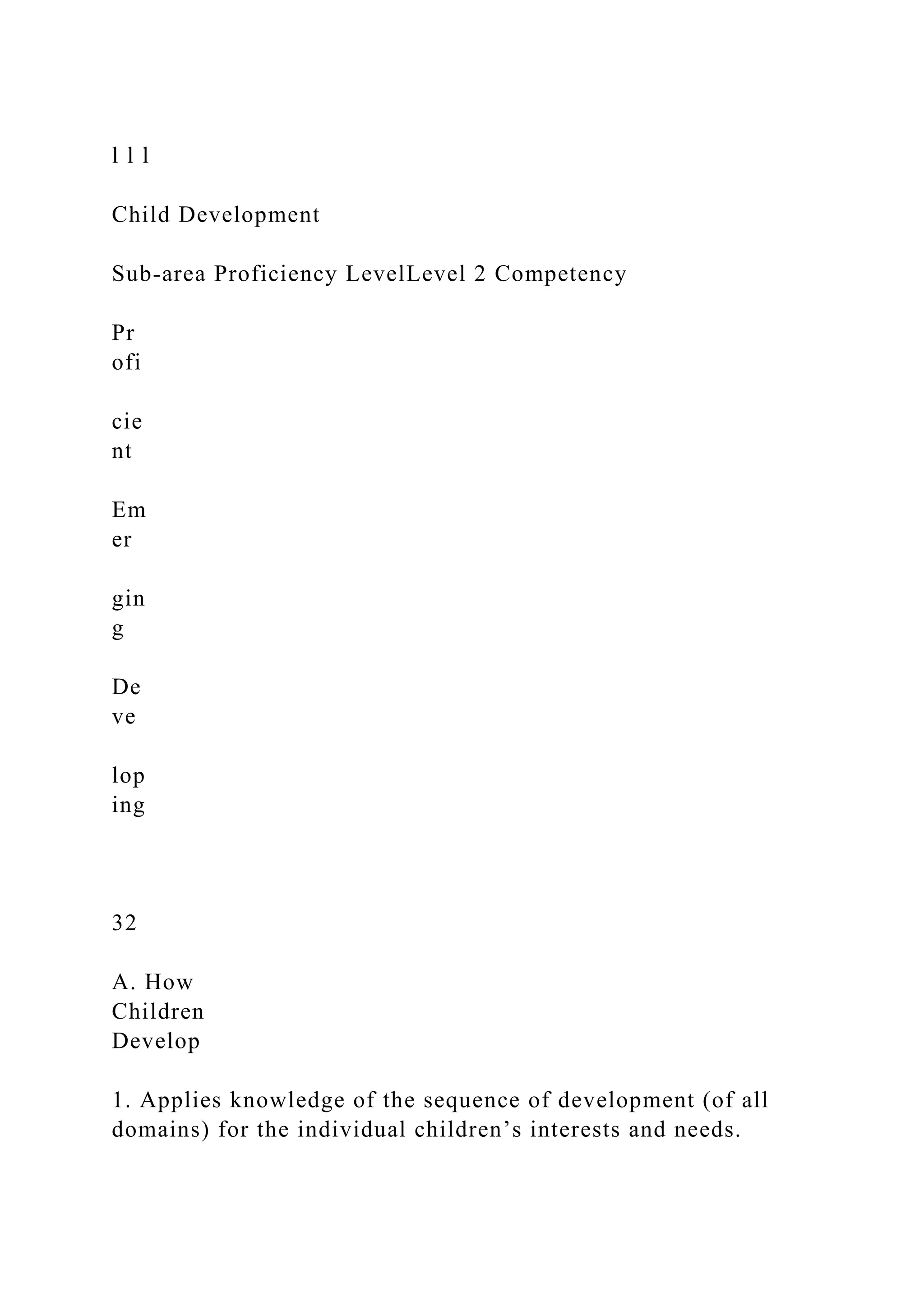 l l l
Child Development
Sub-area Proficiency LevelLevel 2 Competency
Pr
ofi
cie
nt
Em
er
gin
g
De
ve
lop
ing
32
A. How
Children
Develop
1. Applies knowledge of the sequence of development (of all
domains) for the individual children’s interests and needs.
 