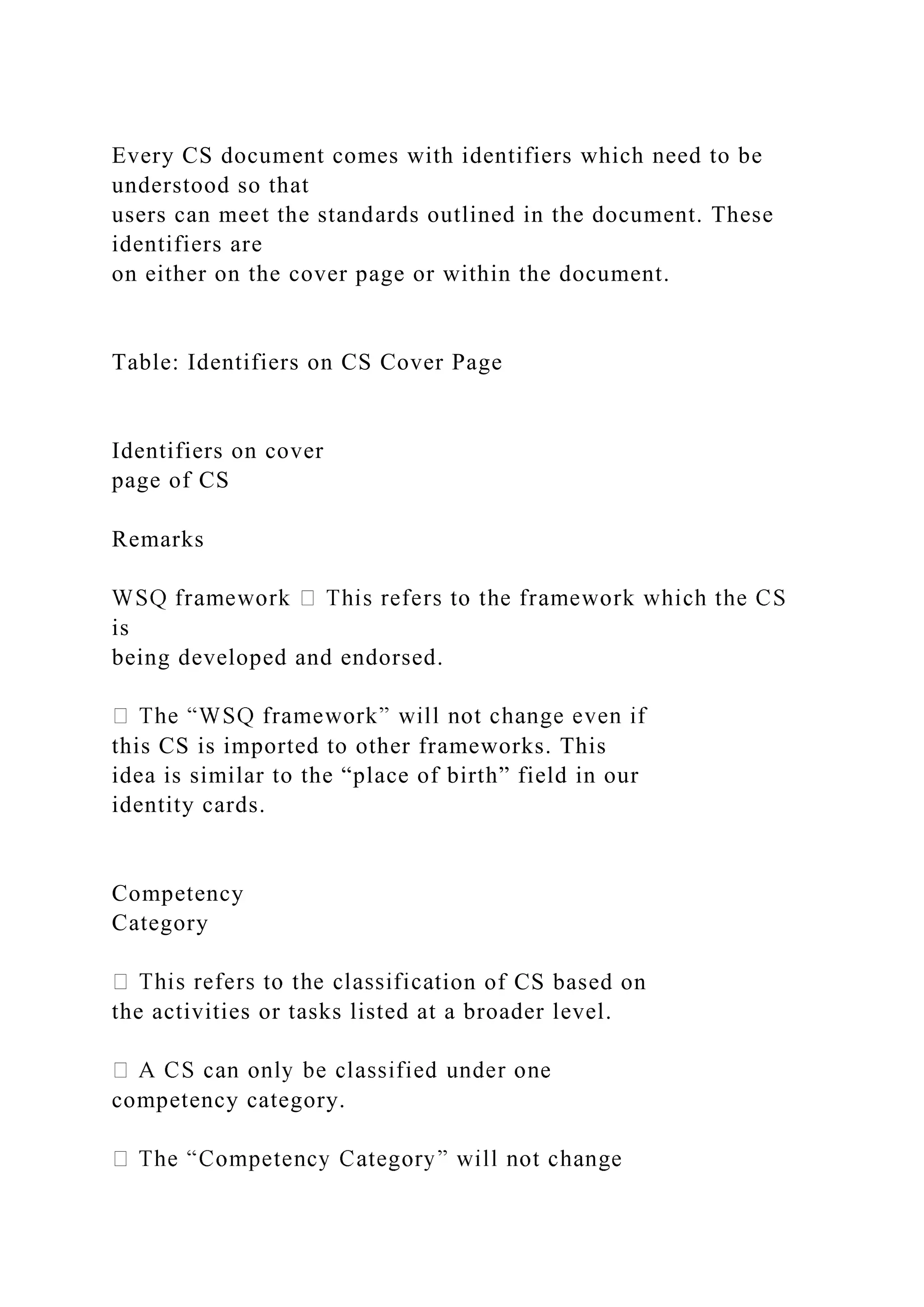Every CS document comes with identifiers which need to be
understood so that
users can meet the standards outlined in the document. These
identifiers are
on either on the cover page or within the document.
Table: Identifiers on CS Cover Page
Identifiers on cover
page of CS
Remarks
is
being developed and endorsed.
this CS is imported to other frameworks. This
idea is similar to the “place of birth” field in our
identity cards.
Competency
Category
ion of CS based on
the activities or tasks listed at a broader level.
competency category.
 