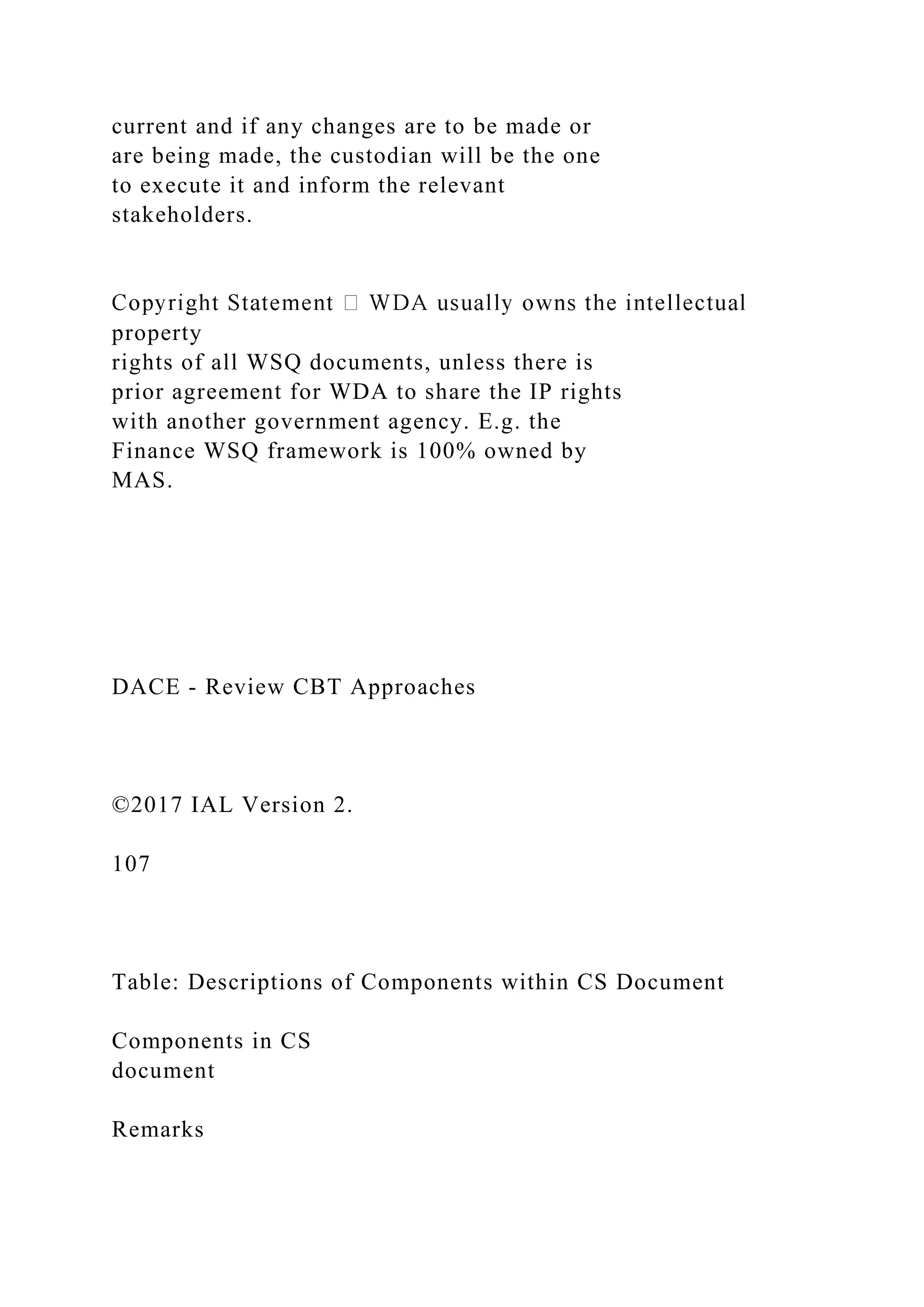 current and if any changes are to be made or
are being made, the custodian will be the one
to execute it and inform the relevant
stakeholders.
property
rights of all WSQ documents, unless there is
prior agreement for WDA to share the IP rights
with another government agency. E.g. the
Finance WSQ framework is 100% owned by
MAS.
DACE - Review CBT Approaches
©2017 IAL Version 2.
107
Table: Descriptions of Components within CS Document
Components in CS
document
Remarks
 