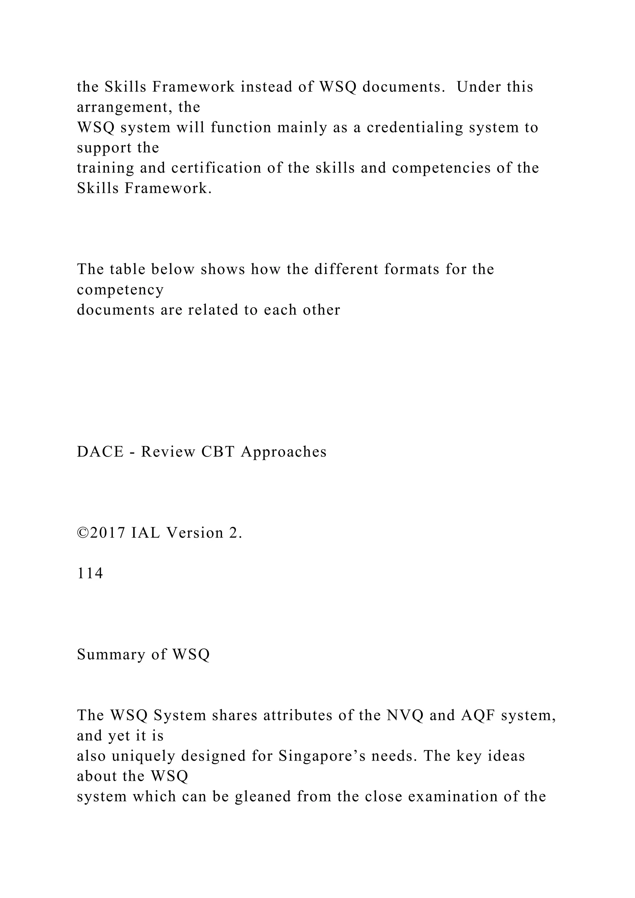 the Skills Framework instead of WSQ documents. Under this
arrangement, the
WSQ system will function mainly as a credentialing system to
support the
training and certification of the skills and competencies of the
Skills Framework.
The table below shows how the different formats for the
competency
documents are related to each other
DACE - Review CBT Approaches
©2017 IAL Version 2.
114
Summary of WSQ
The WSQ System shares attributes of the NVQ and AQF system,
and yet it is
also uniquely designed for Singapore’s needs. The key ideas
about the WSQ
system which can be gleaned from the close examination of the
 