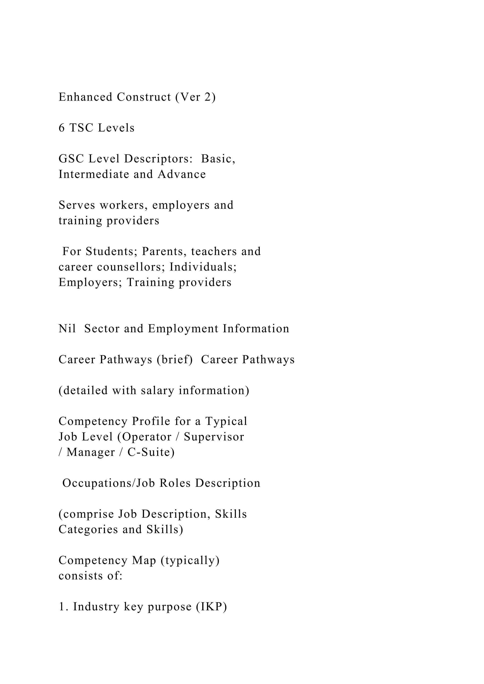 Enhanced Construct (Ver 2)
6 TSC Levels
GSC Level Descriptors: Basic,
Intermediate and Advance
Serves workers, employers and
training providers
For Students; Parents, teachers and
career counsellors; Individuals;
Employers; Training providers
Nil Sector and Employment Information
Career Pathways (brief) Career Pathways
(detailed with salary information)
Competency Profile for a Typical
Job Level (Operator / Supervisor
/ Manager / C-Suite)
Occupations/Job Roles Description
(comprise Job Description, Skills
Categories and Skills)
Competency Map (typically)
consists of:
1. Industry key purpose (IKP)
 