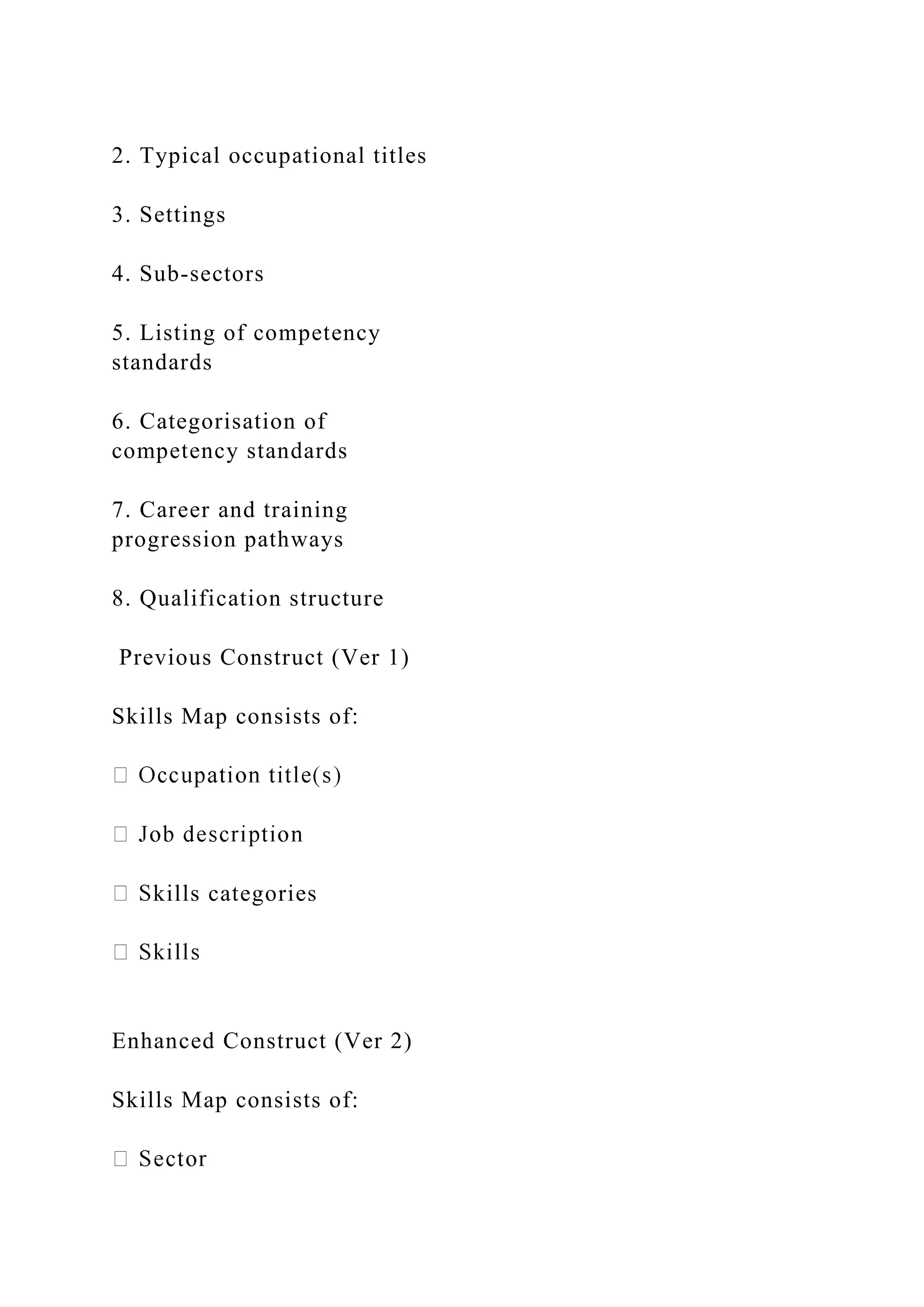 2. Typical occupational titles
3. Settings
4. Sub-sectors
5. Listing of competency
standards
6. Categorisation of
competency standards
7. Career and training
progression pathways
8. Qualification structure
Previous Construct (Ver 1)
Skills Map consists of:
kills categories
Enhanced Construct (Ver 2)
Skills Map consists of:
 