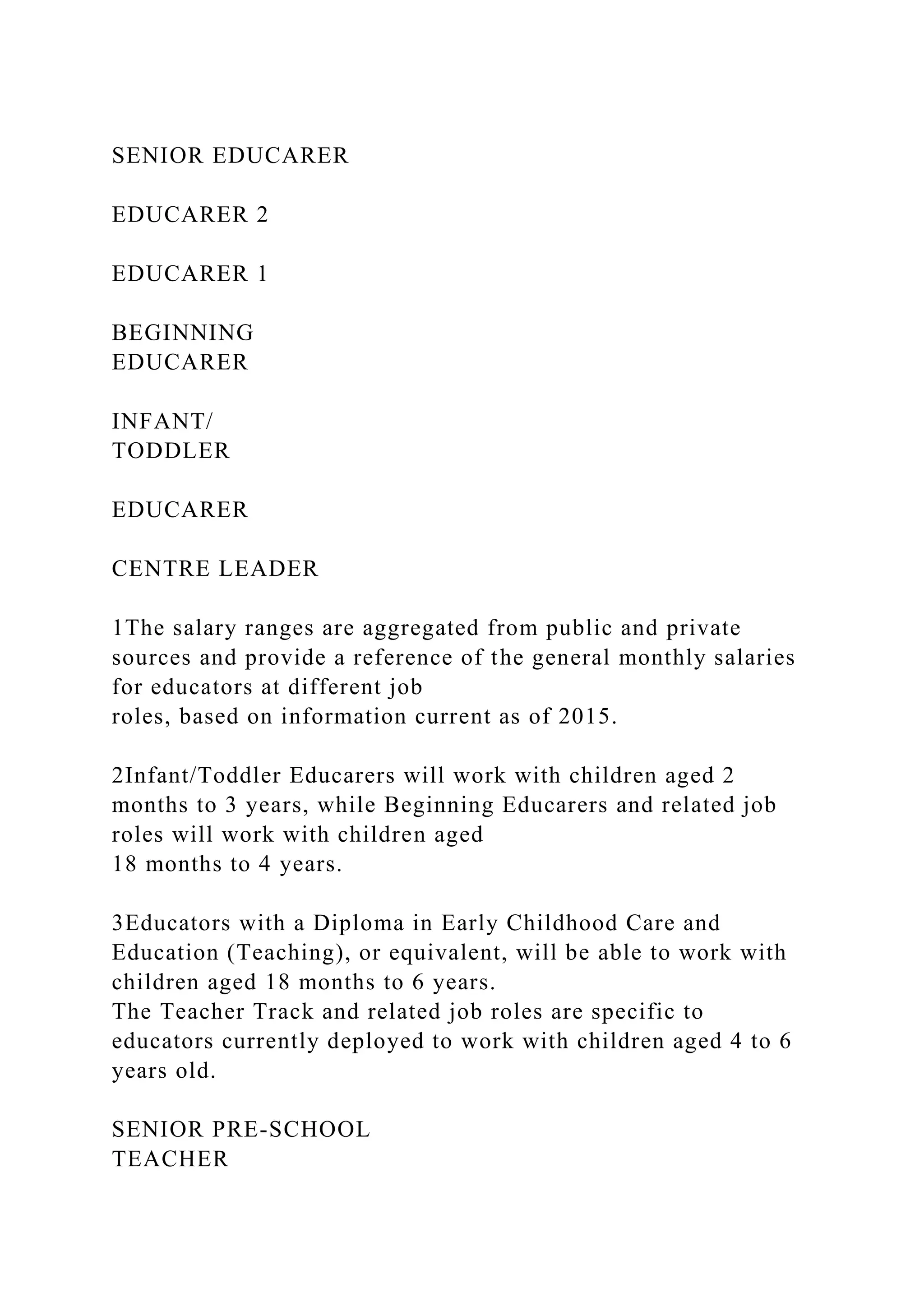 SENIOR EDUCARER
EDUCARER 2
EDUCARER 1
BEGINNING
EDUCARER
INFANT/
TODDLER
EDUCARER
CENTRE LEADER
1The salary ranges are aggregated from public and private
sources and provide a reference of the general monthly salaries
for educators at different job
roles, based on information current as of 2015.
2Infant/Toddler Educarers will work with children aged 2
months to 3 years, while Beginning Educarers and related job
roles will work with children aged
18 months to 4 years.
3Educators with a Diploma in Early Childhood Care and
Education (Teaching), or equivalent, will be able to work with
children aged 18 months to 6 years.
The Teacher Track and related job roles are specific to
educators currently deployed to work with children aged 4 to 6
years old.
SENIOR PRE-SCHOOL
TEACHER
 