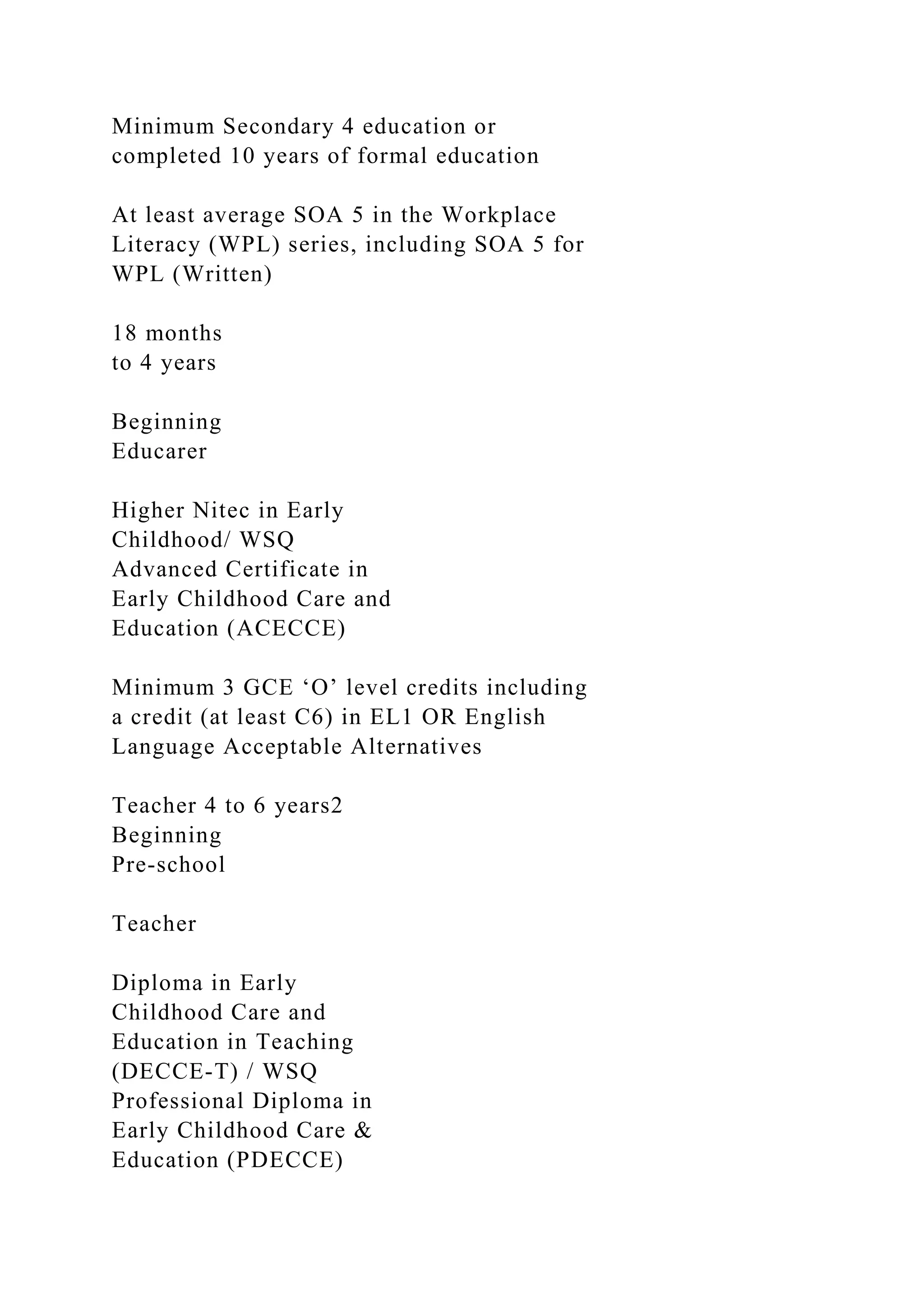 Minimum Secondary 4 education or
completed 10 years of formal education
At least average SOA 5 in the Workplace
Literacy (WPL) series, including SOA 5 for
WPL (Written)
18 months
to 4 years
Beginning
Educarer
Higher Nitec in Early
Childhood/ WSQ
Advanced Certificate in
Early Childhood Care and
Education (ACECCE)
Minimum 3 GCE ‘O’ level credits including
a credit (at least C6) in EL1 OR English
Language Acceptable Alternatives
Teacher 4 to 6 years2
Beginning
Pre-school
Teacher
Diploma in Early
Childhood Care and
Education in Teaching
(DECCE-T) / WSQ
Professional Diploma in
Early Childhood Care &
Education (PDECCE)
 