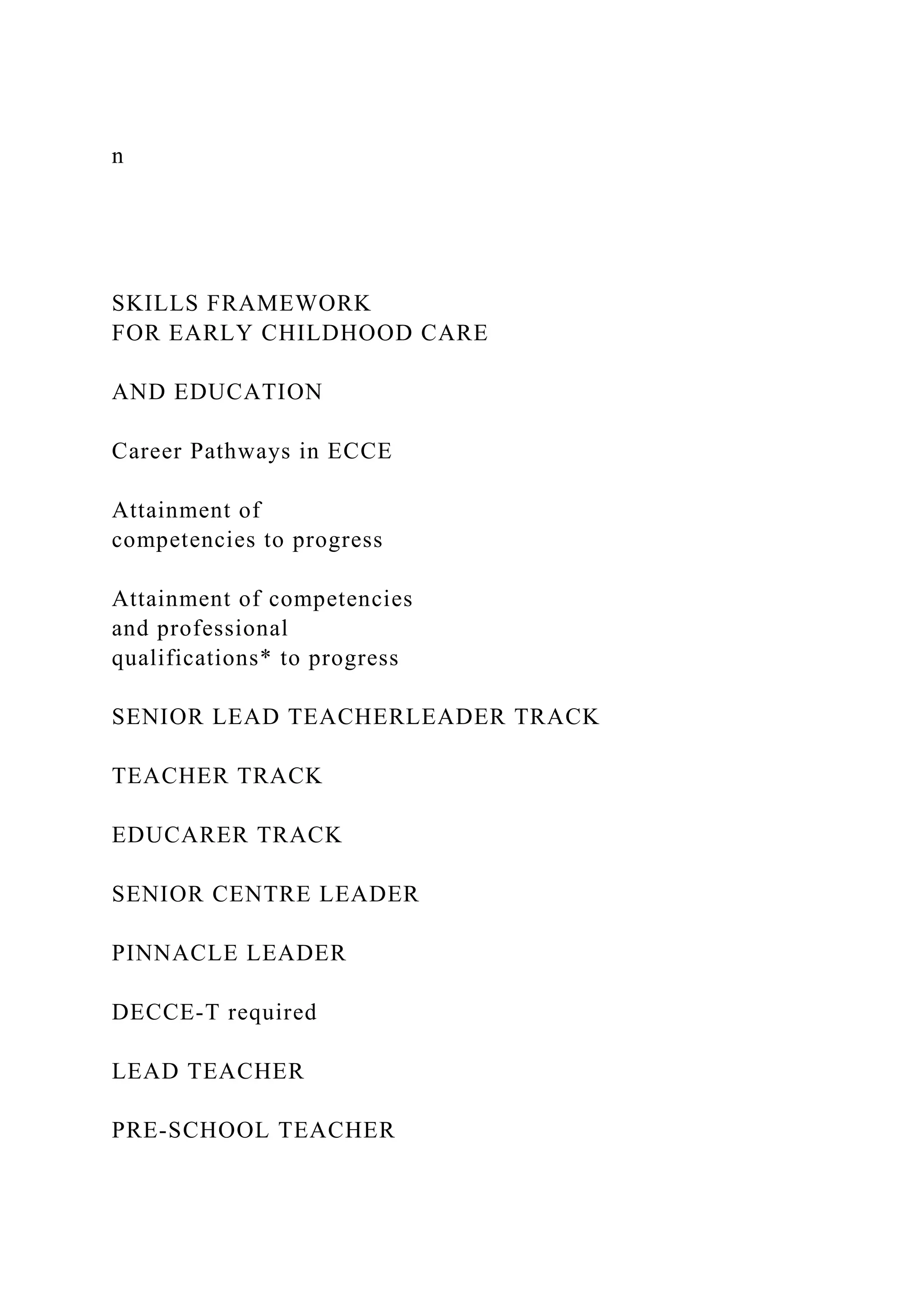 n
SKILLS FRAMEWORK
FOR EARLY CHILDHOOD CARE
AND EDUCATION
Career Pathways in ECCE
Attainment of
competencies to progress
Attainment of competencies
and professional
qualifications* to progress
SENIOR LEAD TEACHERLEADER TRACK
TEACHER TRACK
EDUCARER TRACK
SENIOR CENTRE LEADER
PINNACLE LEADER
DECCE-T required
LEAD TEACHER
PRE-SCHOOL TEACHER
 
