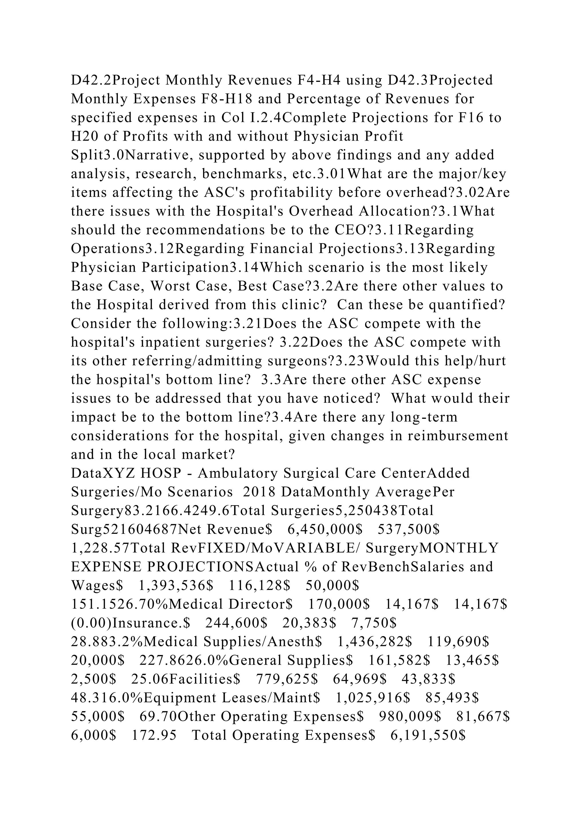 D42.2Project Monthly Revenues F4-H4 using D42.3Projected
Monthly Expenses F8-H18 and Percentage of Revenues for
specified expenses in Col I.2.4Complete Projections for F16 to
H20 of Profits with and without Physician Profit
Split3.0Narrative, supported by above findings and any added
analysis, research, benchmarks, etc.3.01What are the major/key
items affecting the ASC's profitability before overhead?3.02Are
there issues with the Hospital's Overhead Allocation?3.1What
should the recommendations be to the CEO?3.11Regarding
Operations3.12Regarding Financial Projections3.13Regarding
Physician Participation3.14Which scenario is the most likely
Base Case, Worst Case, Best Case?3.2Are there other values to
the Hospital derived from this clinic? Can these be quantified?
Consider the following:3.21Does the ASC compete with the
hospital's inpatient surgeries? 3.22Does the ASC compete with
its other referring/admitting surgeons?3.23Would this help/hurt
the hospital's bottom line? 3.3Are there other ASC expense
issues to be addressed that you have noticed? What would their
impact be to the bottom line?3.4Are there any long-term
considerations for the hospital, given changes in reimbursement
and in the local market?
DataXYZ HOSP - Ambulatory Surgical Care CenterAdded
Surgeries/Mo Scenarios 2018 DataMonthly AveragePer
Surgery83.2166.4249.6Total Surgeries5,250438Total
Surg521604687Net Revenue$ 6,450,000$ 537,500$
1,228.57Total RevFIXED/MoVARIABLE/ SurgeryMONTHLY
EXPENSE PROJECTIONSActual % of RevBenchSalaries and
Wages$ 1,393,536$ 116,128$ 50,000$
151.1526.70%Medical Director$ 170,000$ 14,167$ 14,167$
(0.00)Insurance.$ 244,600$ 20,383$ 7,750$
28.883.2%Medical Supplies/Anesth$ 1,436,282$ 119,690$
20,000$ 227.8626.0%General Supplies$ 161,582$ 13,465$
2,500$ 25.06Facilities$ 779,625$ 64,969$ 43,833$
48.316.0%Equipment Leases/Maint$ 1,025,916$ 85,493$
55,000$ 69.70Other Operating Expenses$ 980,009$ 81,667$
6,000$ 172.95 Total Operating Expenses$ 6,191,550$
 