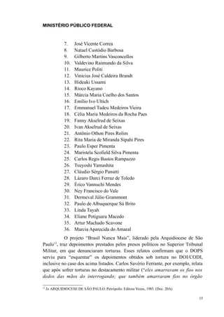 MINISTÉRIO PÚBLICO FEDERAL



               7.    José Vicente Correa
               8.    Natael Custódio Barbosa
               9.    Gilberto Martins Vasconcellos
               10.   Valdevino Raimundo da Silva
               11.   Maurice Politi
               12.   Vinicius José Caldeira Brandt
               13.   Hideaki Ussami
               14.   Rioco Kayano
               15.   Márcia Maria Coelho dos Santos
               16.   Emílio Ivo Ultich
               17.   Emmanuel Tadeu Medeiros Vieira
               18.   Célia Maria Medeiros da Rocha Paes
               19.   Fanny Akselrud de Seixas
               20.   Ivan Akselrud de Seixas
               21.   Antônio Othon Pires Rolim
               22.   Rita Maria de Miranda Sipahi Pires
               23.   Paulo Esper Pimenta
               24.   Maristela Scofield Silva Pimenta
               25.   Carlos Regis Bastos Rampazzo
               26.   Tsuyoshi Yamashita
               27.   Cláudio Sérgio Panutti
               28.   Lázaro Darci Ferraz de Toledo
               29.   Érico Vannuchi Mendes
               30.   Ney Francisco do Vale
               31.   Dermeval Júlio Grammont
               32.   Paulo de Albuquerque Sá Brito
               33.   Linda Tayah
               34.   Eliane Potiguara Macedo
               35.   Artur Machado Scavone
               36.   Marcia Aparecida do Amaral
           O projeto “Brasil Nunca Mais”, liderado pela Arquidiocese de São
Paulo , traz depoimentos prestados pelos presos políticos no Superior Tribunal
         12

Militar, em que denunciaram torturas. Esses relatos confirmam que o DOPS
serviu para “esquentar” os depoimentos obtidos sob tortura no DOI/CODI,
inclusive no caso dos acima listados. Carlos Savério Ferrante, por exemplo, relata
que após sofrer torturas no destacamento militar (“eles amarravam os fios nos
dedos das mãos do interrogando; que também amarraram fios no órgão

12
     In ARQUIDIOCESE DE SÃO PAULO. Petrópolis: Editora Vozes, 1985. (Doc. 20A)

                                                                                 15
 
