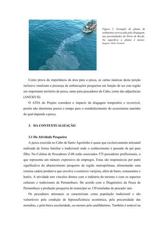 Figura 3 -Exemplo de pluma de
                                                           sedimentos provocada pela dragagem,
                                                           nas proximidades do Porto de Recife.
                                                           Na superfície a pluma é menor.
                                                           Imagem: Globo Nordeste




   Como prova da importância da área para a pesca, as cartas náuticas desta porção
inclusive sinalizam a presença de embarcações pesqueiras em função de ser esta região
um importante território de pesca, tanto para pescadores de Cabo, como das adjacências
(ANEXO II).
   O ATIA do Projeto considera o impacto da dragagem temporário e reversível,
porém não determina prazos e tempo para o restabelecimento do ecossistema marinho
do qual depende a pesca.


   3. DA CONTEXTUALIZAÇÃO


   3.1 Da Atividade Pesqueira
   A pesca exercida no Cabo de Santo Agostinho é quase que exclusivamente artesanal
realizada de forma familiar e tradicional onde o conhecimento é passado de pai para
filho. Na Colônia de Pescadores Z-08 estão associados 575 pescadores profissionais, o
que representa um número expressivo de empregos. Estas são responsáveis por parte
significativa do abastecimento pesqueiro da região metropolitana, alimentando uma
extensa cadeia produtiva que envolve o comércio varejista, além de bares, restaurantes e
hotéis. A atividade tem vínculos diretos com a indústria do turismo e com os aspectos
culturais e tradicionais de Pernambuco. De acordo com o Diagnóstico da Pesca de
Pernambuco a produção pesqueira do município as 150 toneladas de pescado/ ano.
   Os pescadores artesanais se caracterizam como população tradicional e são
vulneráveis pela condição de hipossuficiência econômica, pela precariedade das
moradias, e pela baixa escolaridade, ou mesmo pelo analfabetimo. Também é notável na
 