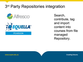 3rd Party Repositories integration
Search,
contribute, tag
and import
content into
courses from file
managed
Repository.

 