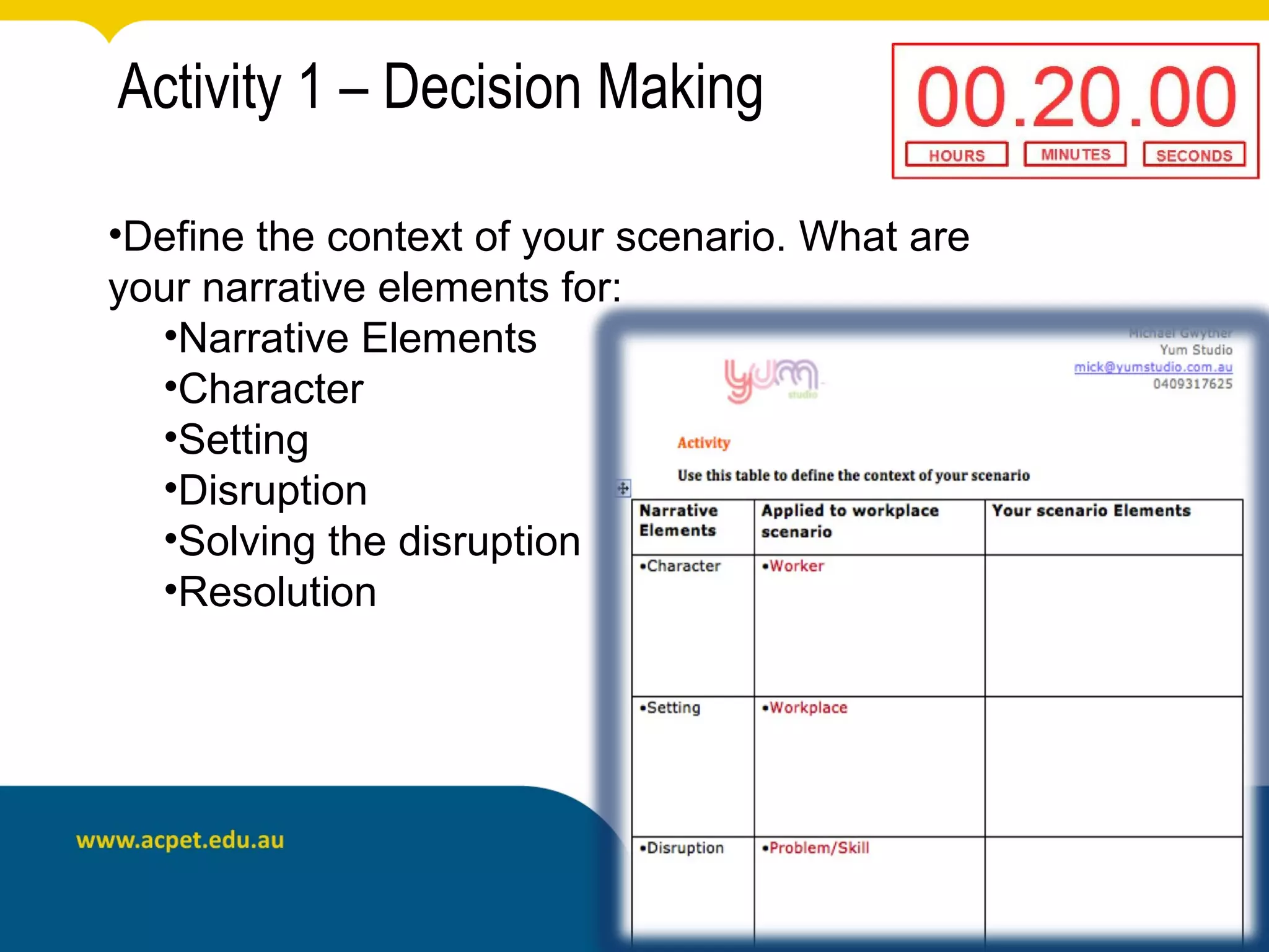 Activity 1 – Decision Making

•Define the context of your scenario. What are
your narrative elements for:
  •Narrative Elements
  •Character
  •Setting
  •Disruption
  •Solving the disruption
  •Resolution
 