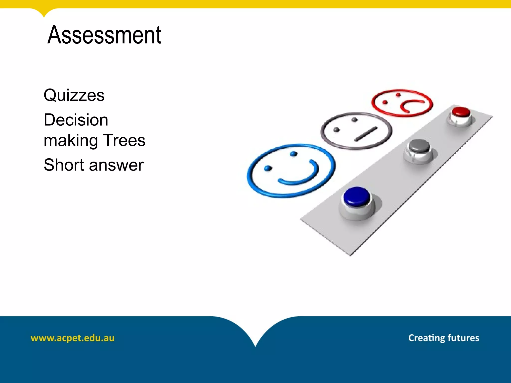 Assessment

Quizzes
Decision
making Trees
Short answer
 