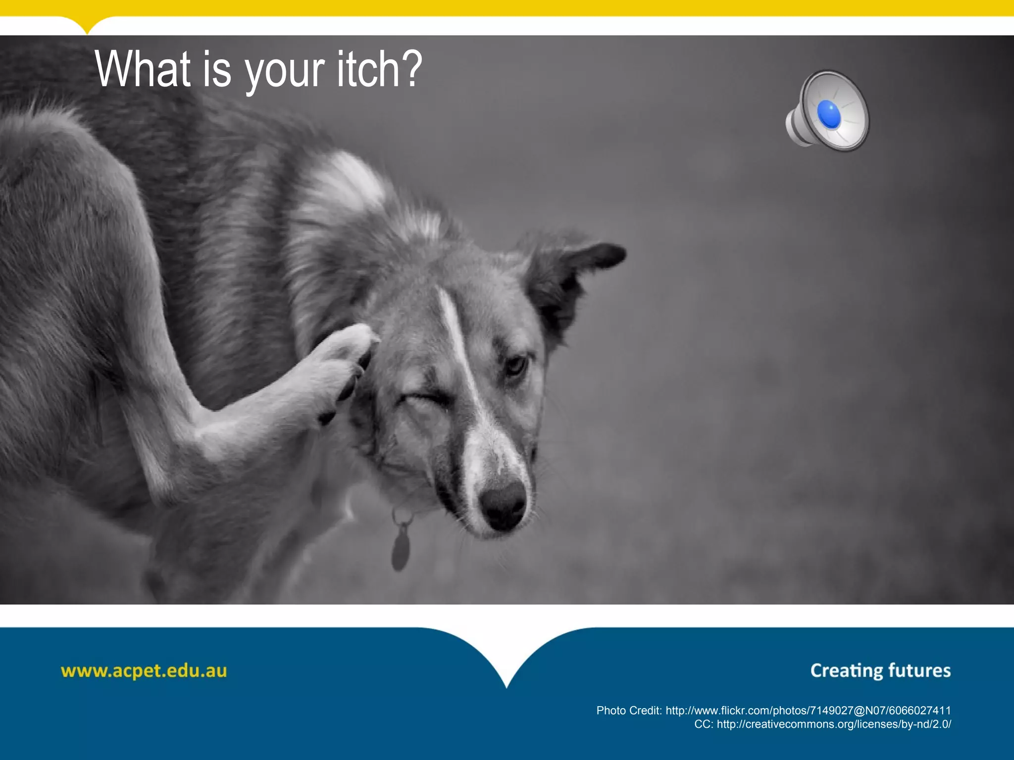 What is your itch?




                     Photo Credit: http://www.flickr.com/photos/7149027@N07/6066027411
                                          CC: http://creativecommons.org/licenses/by-nd/2.0/
 