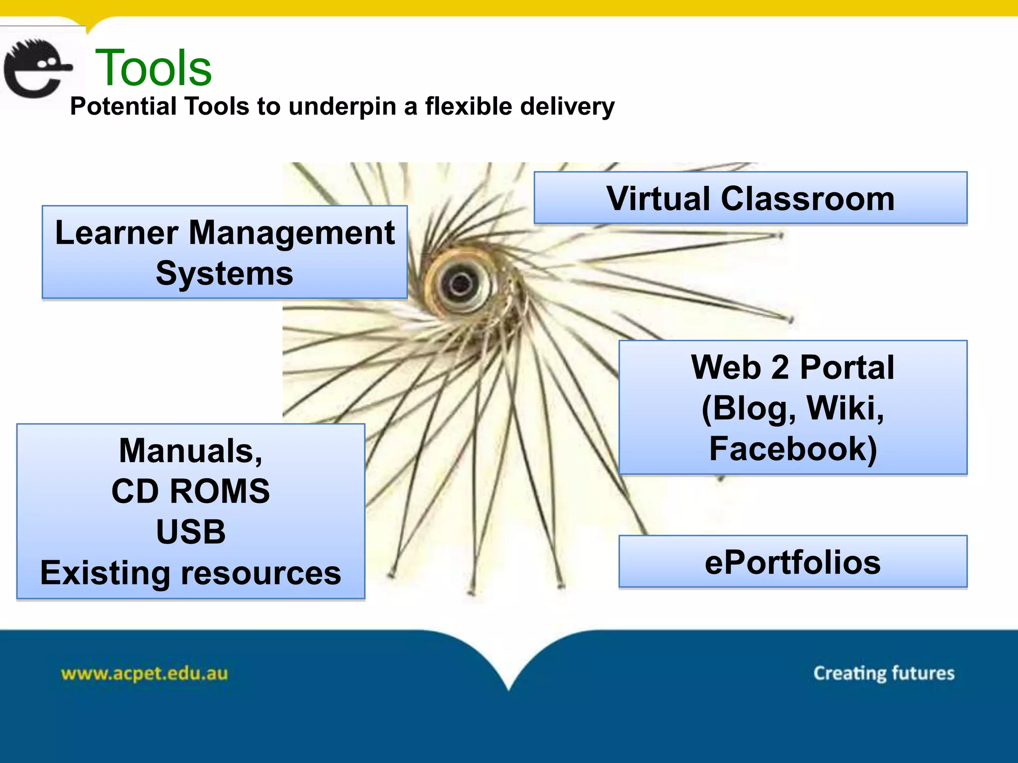 Tools
 Potential Tools to underpin a flexible delivery


                                               Virtual Classroom
Learner Management
     Systems

                                                   Web 2 Portal
                                                   (Blog, Wiki,
     Manuals,                                       Facebook)
    CD ROMS
       USB
Existing resources                                  ePortfolios
 
