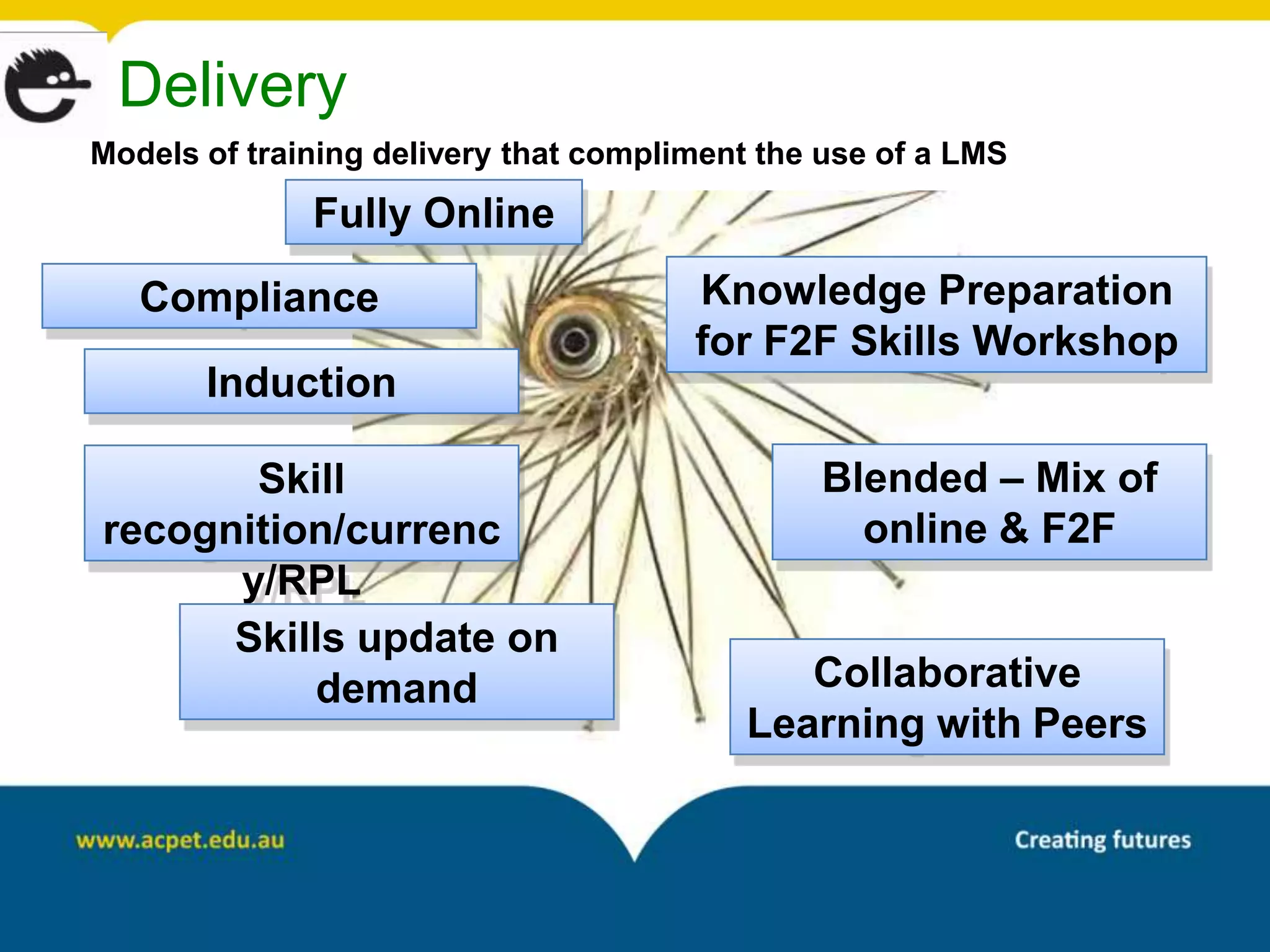 Delivery
Models of training delivery that compliment the use of a LMS
              Fully Online
   Compliance                          Knowledge Preparation
                                       for F2F Skills Workshop
       Induction

       Skill                                   Blended – Mix of
recognition/currenc                              online & F2F
      y/RPL
      Skills update on
          demand                             Collaborative
                                          Learning with Peers
 