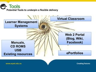 Tools
 Potential Tools to underpin a flexible delivery


                                               Virtual Classroom
Learner Management
     Systems

                                                   Web 2 Portal
                                                   (Blog, Wiki,
     Manuals,                                       Facebook)
    CD ROMS
       USB
Existing resources                                  ePortfolios
 