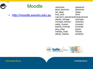 Moodle
• http://moodle.eworks.edu.au
 