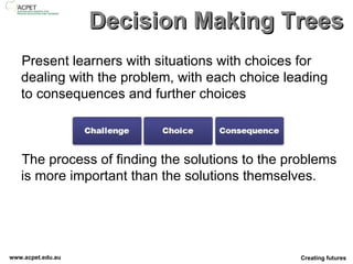 Decision Making Trees Present learners with situations with choices for dealing with the problem, with each choice leading to consequences and further choices The process of finding the solutions to the problems is more important than the solutions themselves. 