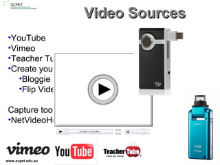 Video Sources YouTube Vimeo Teacher Tube Create your own! Bloggie Flip Video Capture tools NetVideoHunter 
