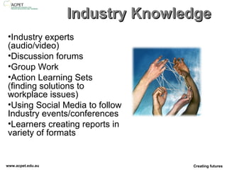 Industry Knowledge Industry experts (audio/video) Discussion forums Group Work Action Learning Sets (finding solutions to workplace issues) Using Social Media to follow Industry events/conferences Learners creating reports in variety of formats 
