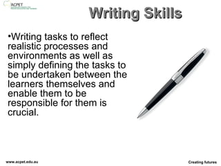 Writing Skills Writing tasks to reflect realistic processes and environments as well as simply defining the tasks to be undertaken between the learners themselves and enable them to be responsible for them is crucial.  