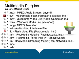 Multimedia Plug ins
Supported Media Formats

  * .mp3 - MPEG Audio Stream, Layer III
  * .swf - Macromedia Flash Format File (Adobe, Inc.)
  * .mov - QuickTime Video Clip (Apple Computer, Inc.)
  * .wmv - Windows Media File (Microsoft)
  * .mpg - MPEG Animation
  * .avi - Audio Video Interleave File
  * .flv - Flash Video File (Macromedia, Inc.)
  * .ram - RealMedia Metafile (RealNetworks, Inc.)
  * .rpm - RealMedia Player Plug-in (RealNetworks)
  * .rm - RealMedia Streaming Media (Real Networks, Inc.)
  * .mp4
  * .m4v
 