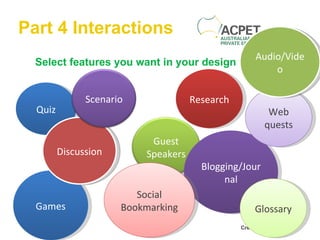 Part 4 Interactions Select features you want in your design Quiz Games Research Blogging/Journal Web quests Social Bookmarking Glossary Discussion Audio/Video Guest Speakers Scenario 