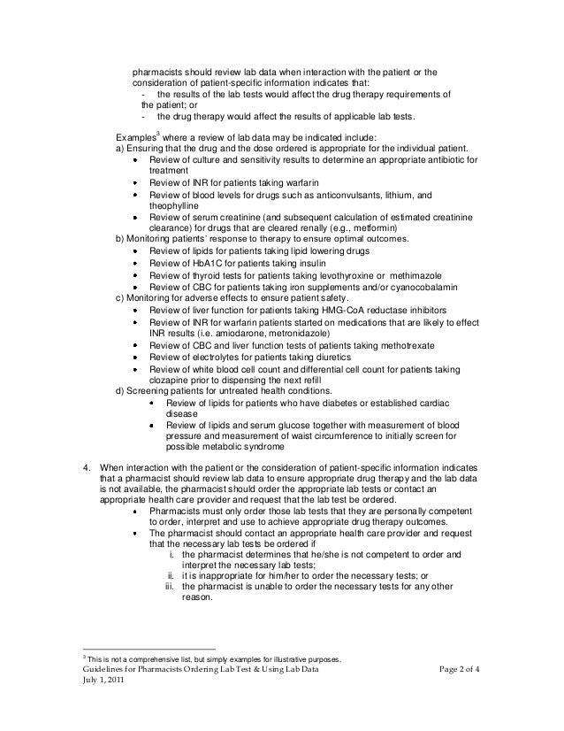 Acp guidelines for pharmacists ordering lab tests and using laborato…