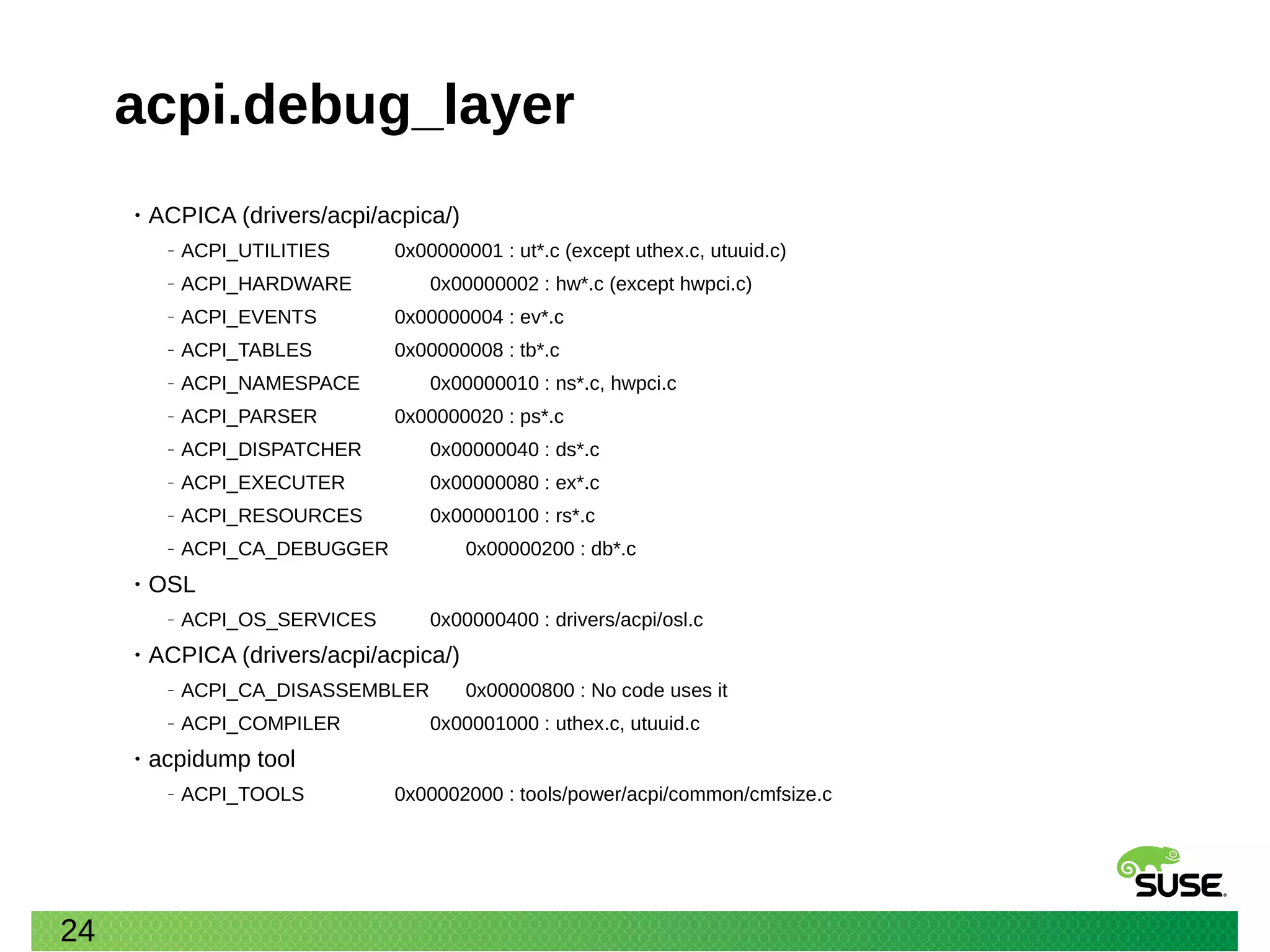 24
acpi.debug_layer
• ACPICA (drivers/acpi/acpica/)
‒ ACPI_UTILITIES 0x00000001 : ut*.c (except uthex.c, utuuid.c)
‒ ACPI_HARDWARE 0x00000002 : hw*.c (except hwpci.c)
‒ ACPI_EVENTS 0x00000004 : ev*.c
‒ ACPI_TABLES 0x00000008 : tb*.c
‒ ACPI_NAMESPACE 0x00000010 : ns*.c, hwpci.c
‒ ACPI_PARSER 0x00000020 : ps*.c
‒ ACPI_DISPATCHER 0x00000040 : ds*.c
‒ ACPI_EXECUTER 0x00000080 : ex*.c
‒ ACPI_RESOURCES 0x00000100 : rs*.c
‒ ACPI_CA_DEBUGGER 0x00000200 : db*.c
• OSL
‒ ACPI_OS_SERVICES 0x00000400 : drivers/acpi/osl.c
• ACPICA (drivers/acpi/acpica/)
‒ ACPI_CA_DISASSEMBLER 0x00000800 : No code uses it
‒ ACPI_COMPILER 0x00001000 : uthex.c, utuuid.c
• acpidump tool
‒ ACPI_TOOLS 0x00002000 : tools/power/acpi/common/cmfsize.c
 